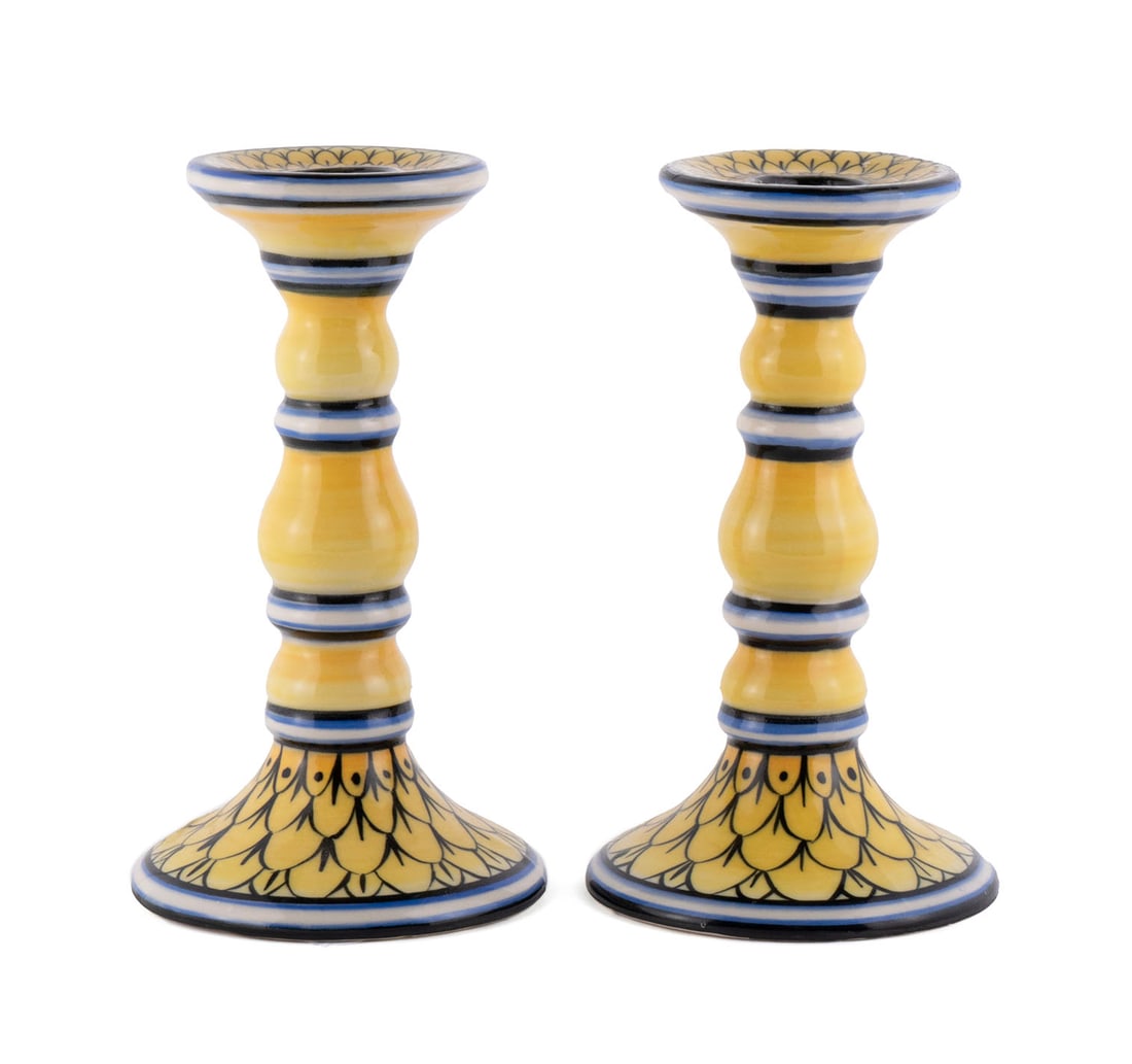 PAIR OF HELLMUTH DUNN PORCELAIN CANDLESTICKS: PAIR OF HELLMUTH DUNN PORCELAIN CANDLESTICKSSigned and dated 1995 on underside.6 1/2 in. (16.5 cm.)