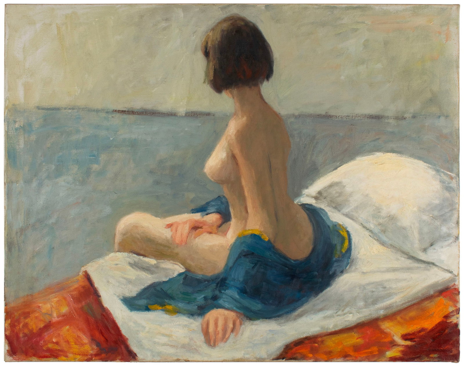 VIRGINIA 'TITO' GAY (AMERICAN, 1932-2024): Virginia 'Tito' Gay American, 1932-2024 Oil on canvas Circa 1980, signed on back of canvas. Nude woman seated on a bed, unframed. Tito attended Washington University where she studied painting under F