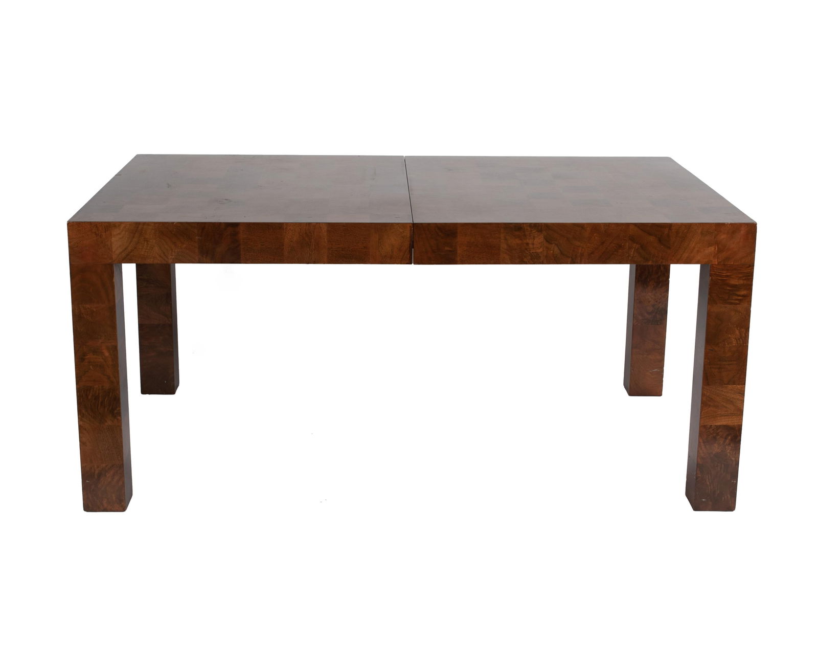 MILO BAUGHMAN DINING TABLE FOR THAYER COGGIN: MILO BAUGHMAN DINING TABLE FOR THAYER COGGINAmerican, 3rd quarter 20th century, burl walnut. Patchwork pattern, with two leaves.29 x 40 x 64 in. (73.7 x 101.6 x 162.6 cm.), Two leaves each: 20 in. (50