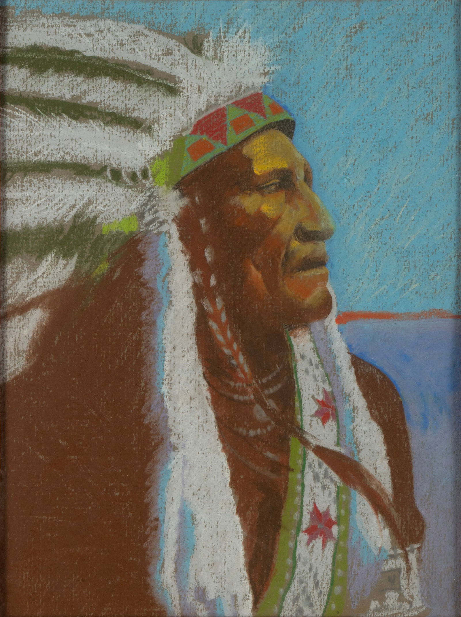 JOHN NIETO (AMERICAN, 1936-2018): John NietoAmerican, 1936-2018pastel on paperSigned upper right. Portrait of a Native American chief, matted and framed.Sheet: 16 x 12 in. (40.6 x 30.5 cm.), Frame: 17 1/2 x 13 1/2 in. (44.5 x 34.3 cm.
