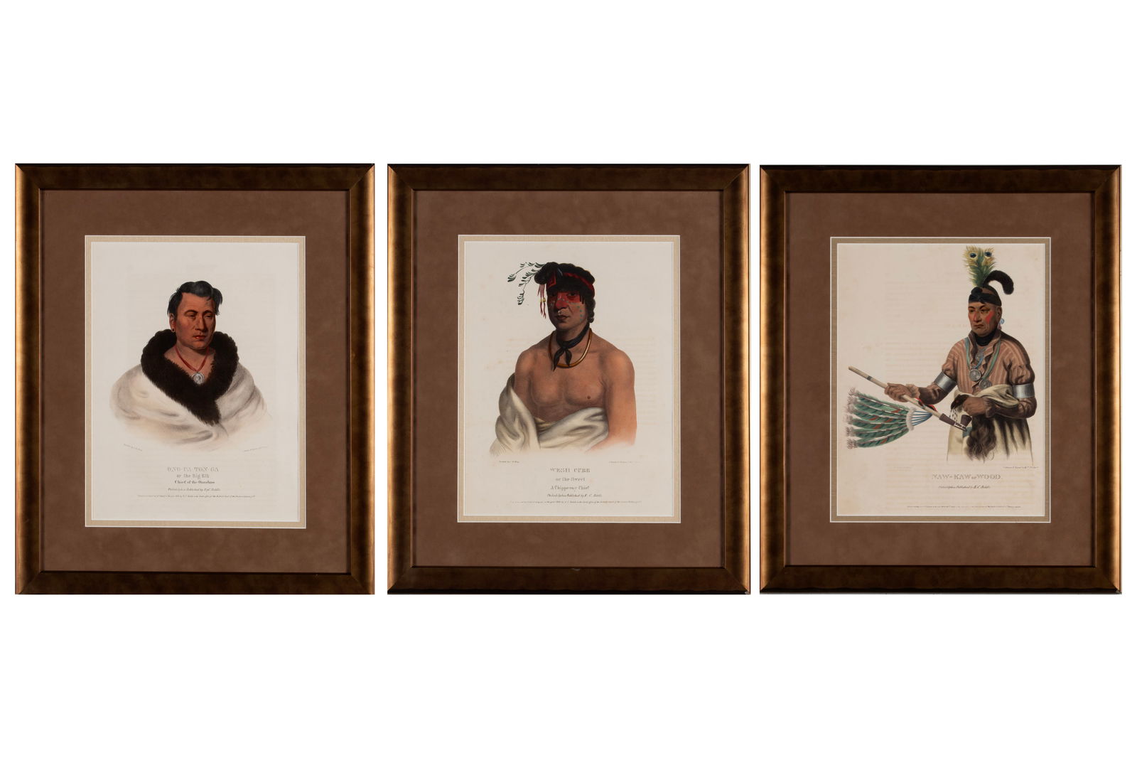 THREE LEHMAN & DUVALL NATIVE AMERICAN LITHOGRAPHS AFTER C. B. KING: THREE LEHMAN & DUVALL NATIVE AMERICAN LITHOGRAPHS AFTER C. B. KINGColor lithographs, 1834 & 1836. Including "Naw-Kaw or Wood"; "Ong-Pa-Ton-Ga or the Big Elk" Chief of the Omahas; and "Wesh Cubb or the