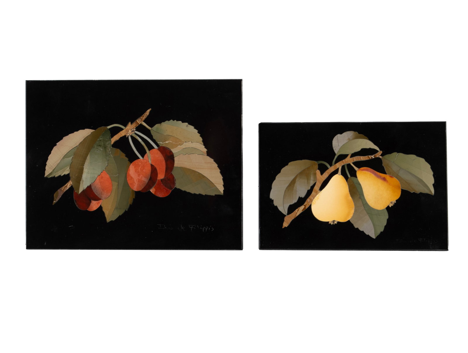 TWO PIETRA DURA PLAQUES BY ILIO DE FILIPPIS: TWO PIETRA DURA PLAQUES BY ILIO DE FILIPPIS Continental, 20th century. The larger showing cherries on a branch, the other showing pears on a branch, unframed. Largest: 4.7 x 6 in. (11.9 x 15.2 cm.)