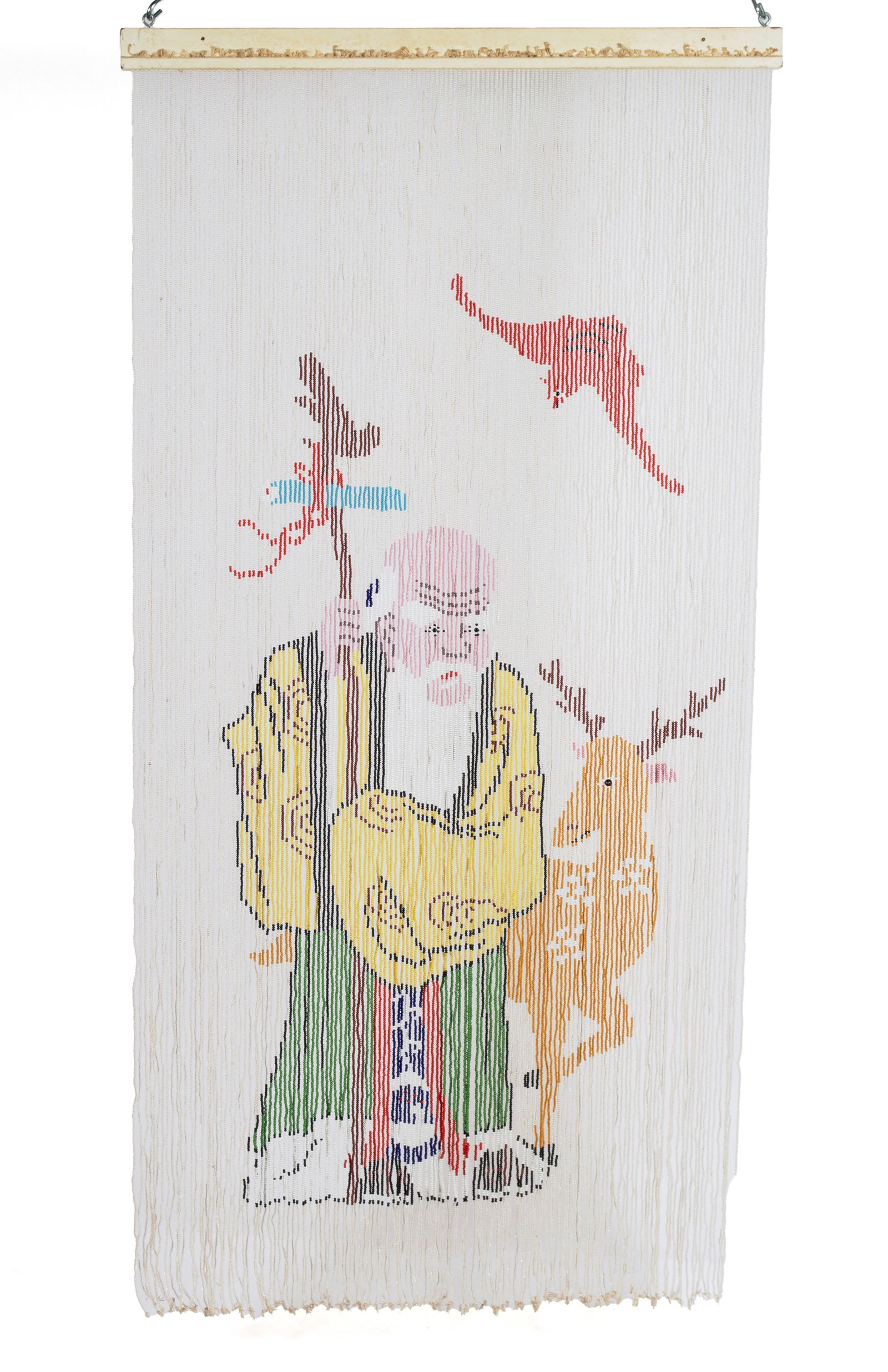 CHINESE STYLE BEADED DOORWAY DRAPE: CHINESE STYLE BEADED DOORWAY DRAPE20th century. Close beaded strands, colored, creating image of a Chinese man with stag and flying bat, surrounded by white.80 x 39 in. (203.2 x 99.1 cm.)