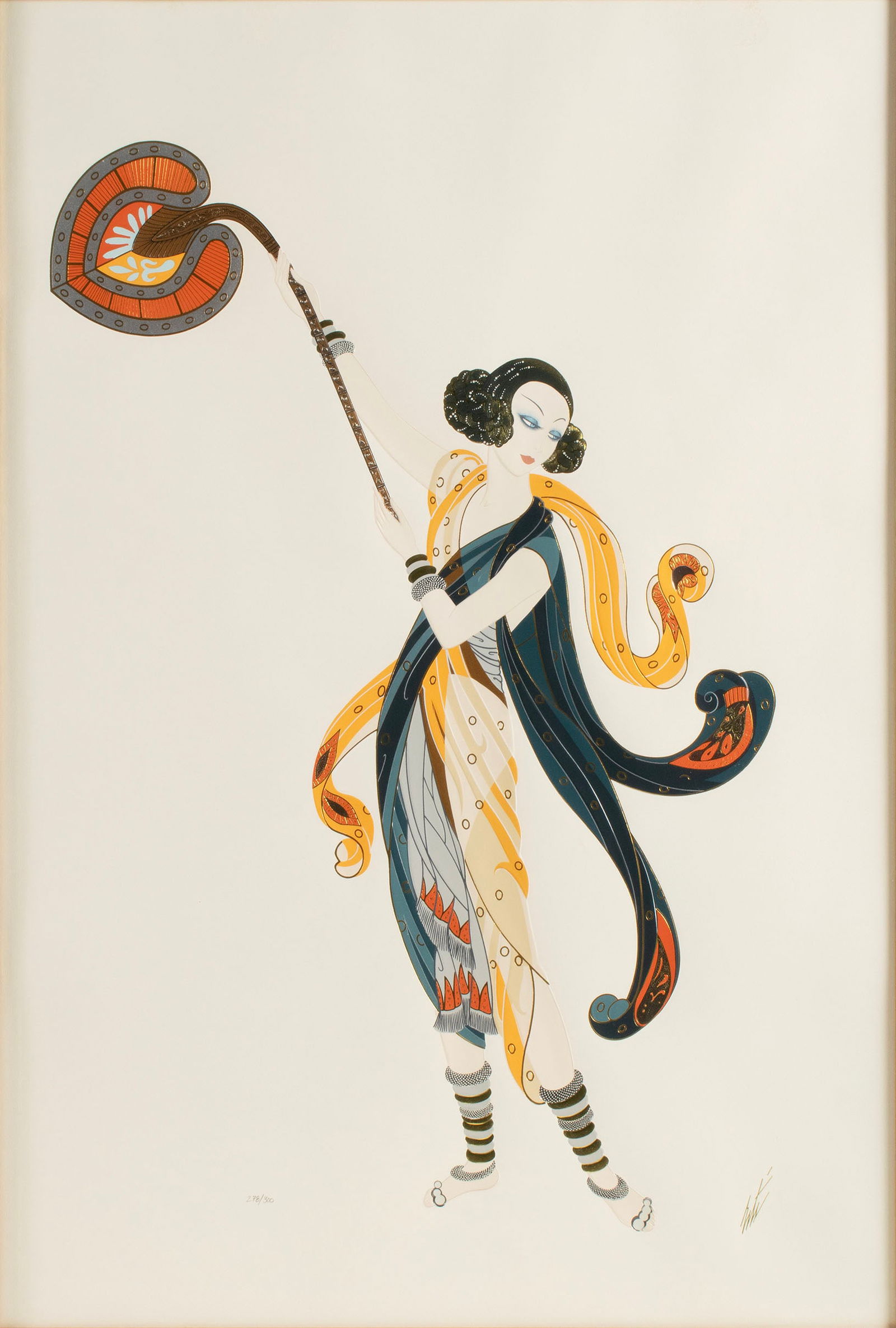 ERTE 'BALINESE' EMBOSSED SERIGRAPH: ERTE 'BALINESE' EMBOSSED SERIGRAPHEdition 278/300, color serigraph. Matted and framed. The image was created originally as a costume design for the show "Legendary Kings" at the "Theatre Femina," Pari