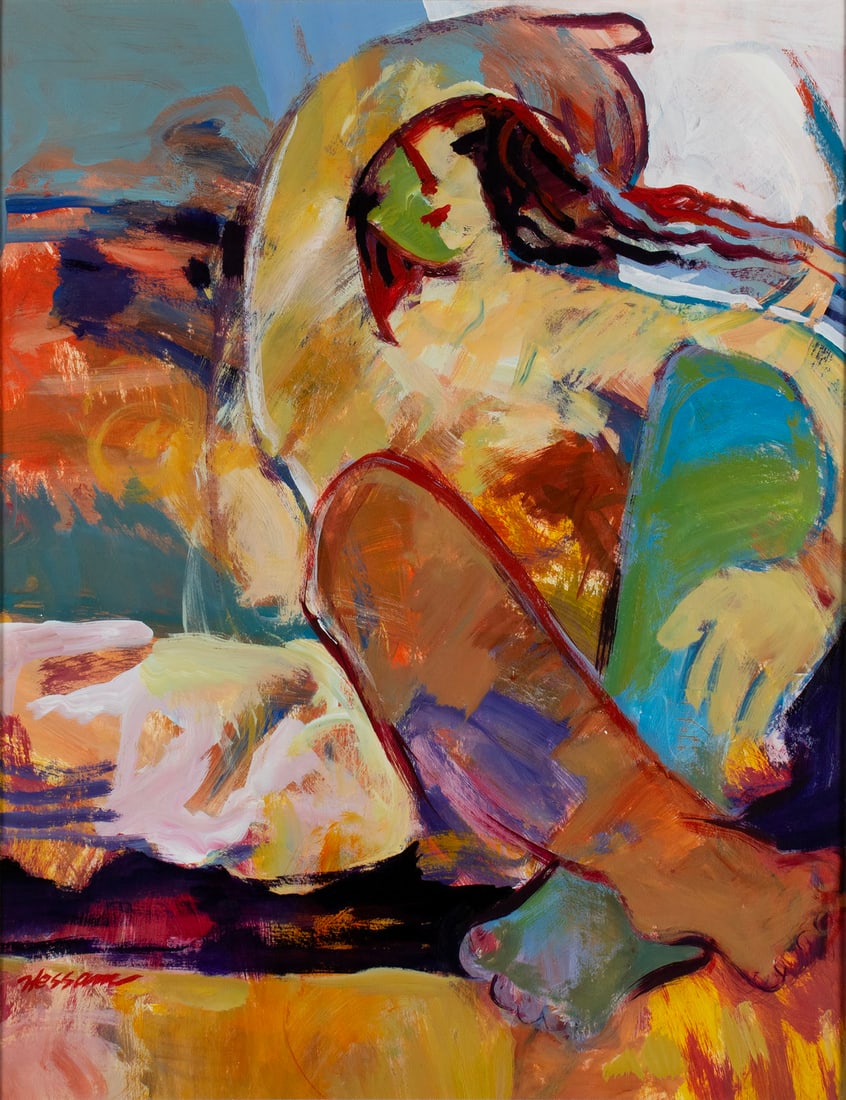 HESSAM ABRISHAMI (AMERICAN-IRANIAN, B. 1951): Hessam AbrishamiAmerican-Iranian, b. 1951Acrylic on paperSigned lower left. Colorful abstract image of a seated woman, framed.Sight: 25 x 19 1/4 in. (63.5 x 48.9 cm.), Frame: 34 x 28 1/2 in. (86.4 x 7