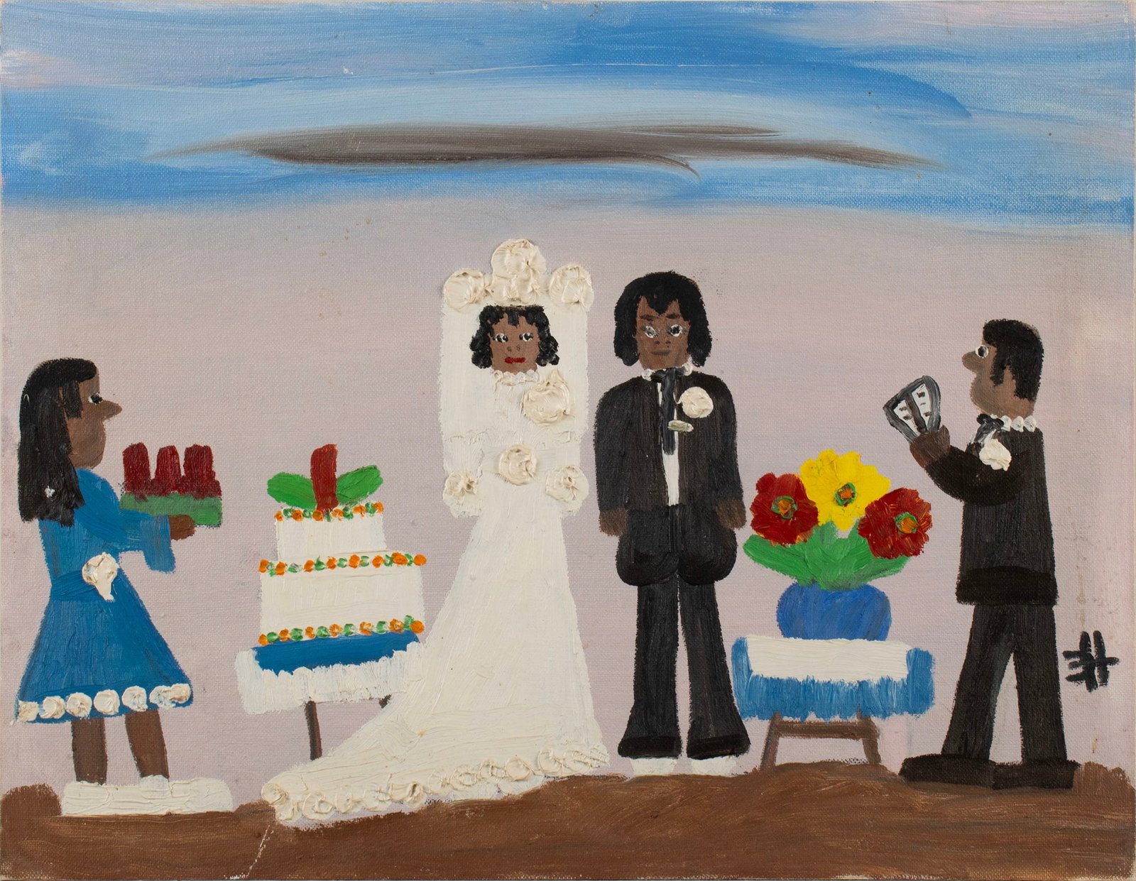 CLEMENTINE HUNTER (AMERICAN, 1887-1988): Clementine HunterAmerican, 1887-1988Oil on canvasboardSigned with artist's monogram to right edge. Wedding scene with flowers, cake and preacher, framed.Clementine Hunter lived and worked most of her