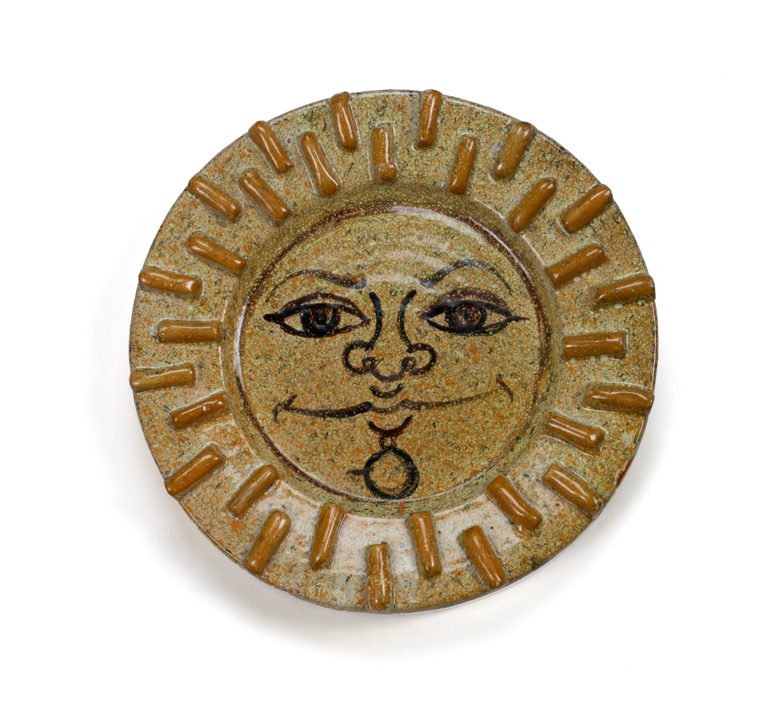 ALFARAZ POTTERY SUN: ALFARAZ POTTERY SUN 20th century. Ceramic sun tile, stamped mark on underside. 1 1/4 x 10 in. (3.2 x 25.4 cm.)