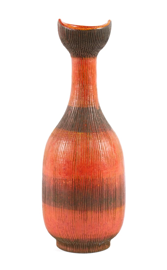ALDO LONDI FOR BITOSSI VASE: ALDO LONDI FOR BITOSSI VASEItalian, circa 1950s. Seta decoration with incised vertical lines showing black/brown glazed lines on orange ground (Gambero/Lobster). Raymor label underfoot.12 x 4 1/2 in.