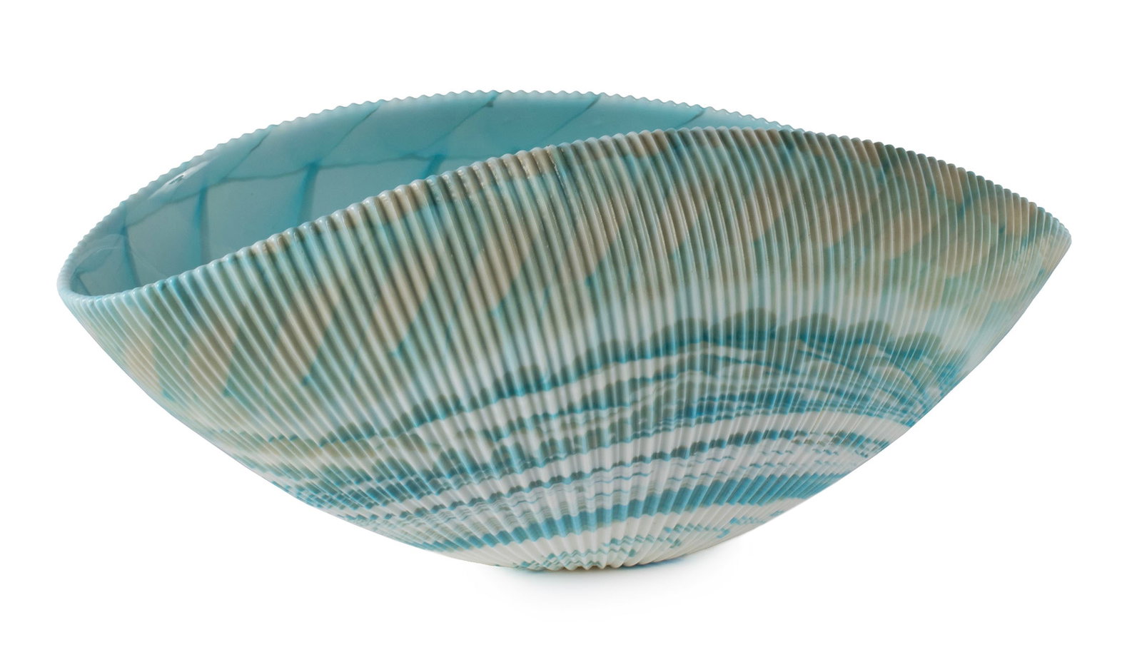 MURANO GLASS BOWL: MURANO GLASS BOWL Italian, 20th century. Cased glass shell form bowl, unsigned with Murano labels. 7 1/2 x 9 1/2 x 17 in. (19.1 x 24.1 x 43.2 cm.)