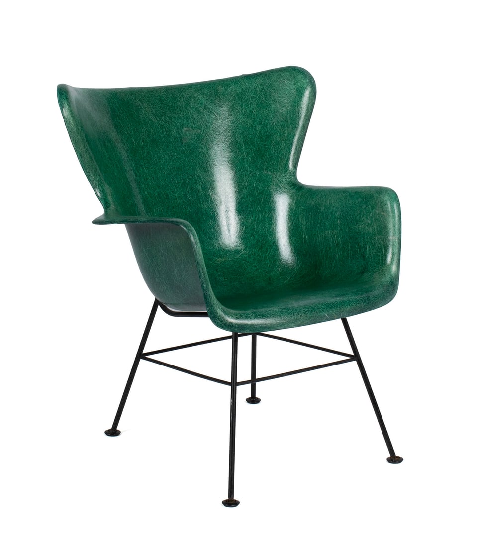 LAWRENCE PEABODY FOR SELIG MODEL PF1 ARMCHAIR: LAWRENCE PEABODY FOR SELIG MODEL PF1 ARMCHAIRAmerican, circa 1950s, molded fiberglass & lacquered steel. Wingback shell chair, unmarked.33 x 26 1/2 x 21 in. (83.8 x 67.3 x 53.3 cm.)
