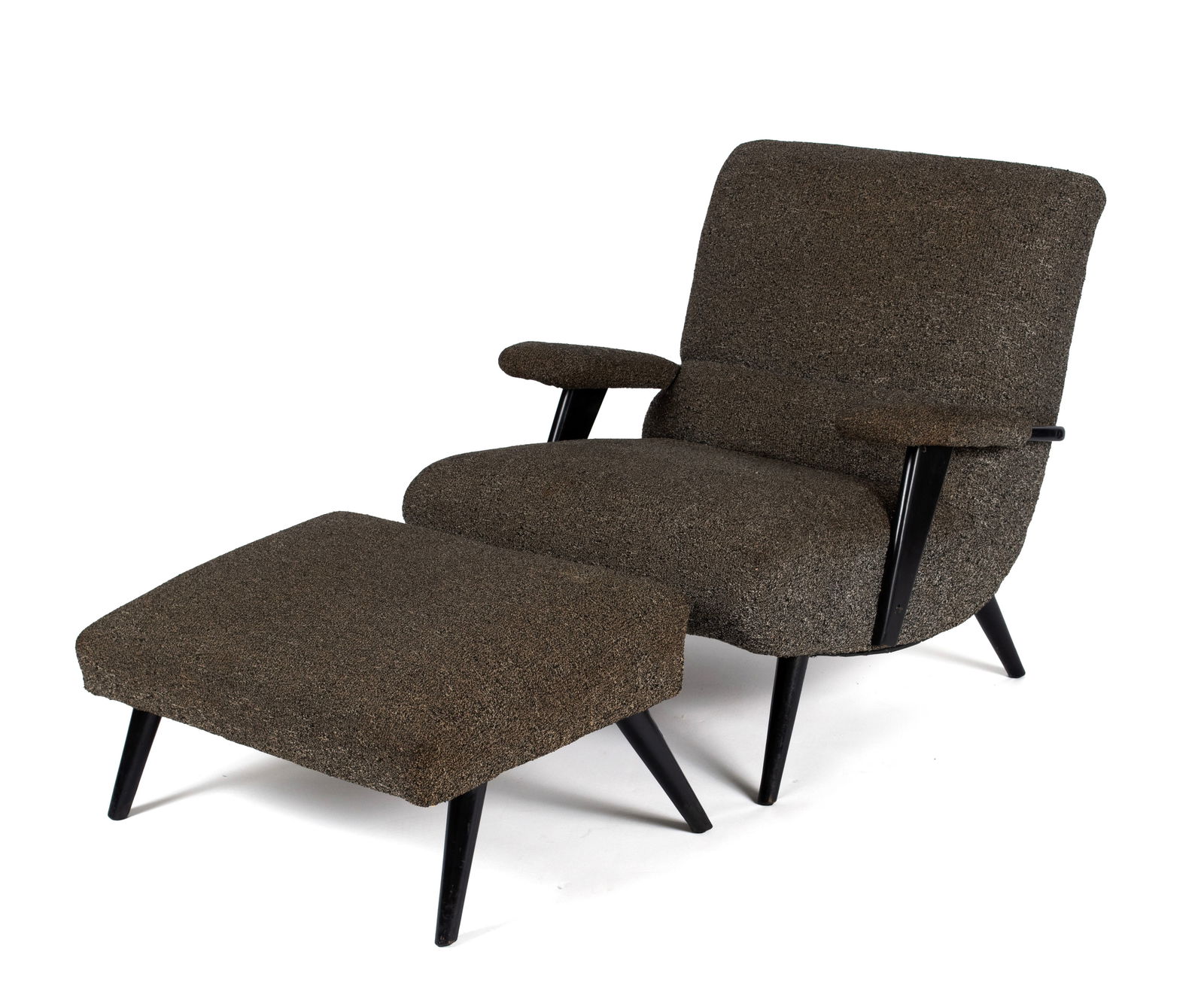 MCM CHAIR AND OTTOMAN BY SELIG FURNITURE CO.: MCM CHAIR AND OTTOMAN BY SELIG FURNITURE CO.American, mid-20th century. Scandinavian style ebonized wood and upholstered armchair and ottoman.Chair: 29 x 27 x 28 in. (73.7 x 68.6 x 71.1 cm.), Stool: 1