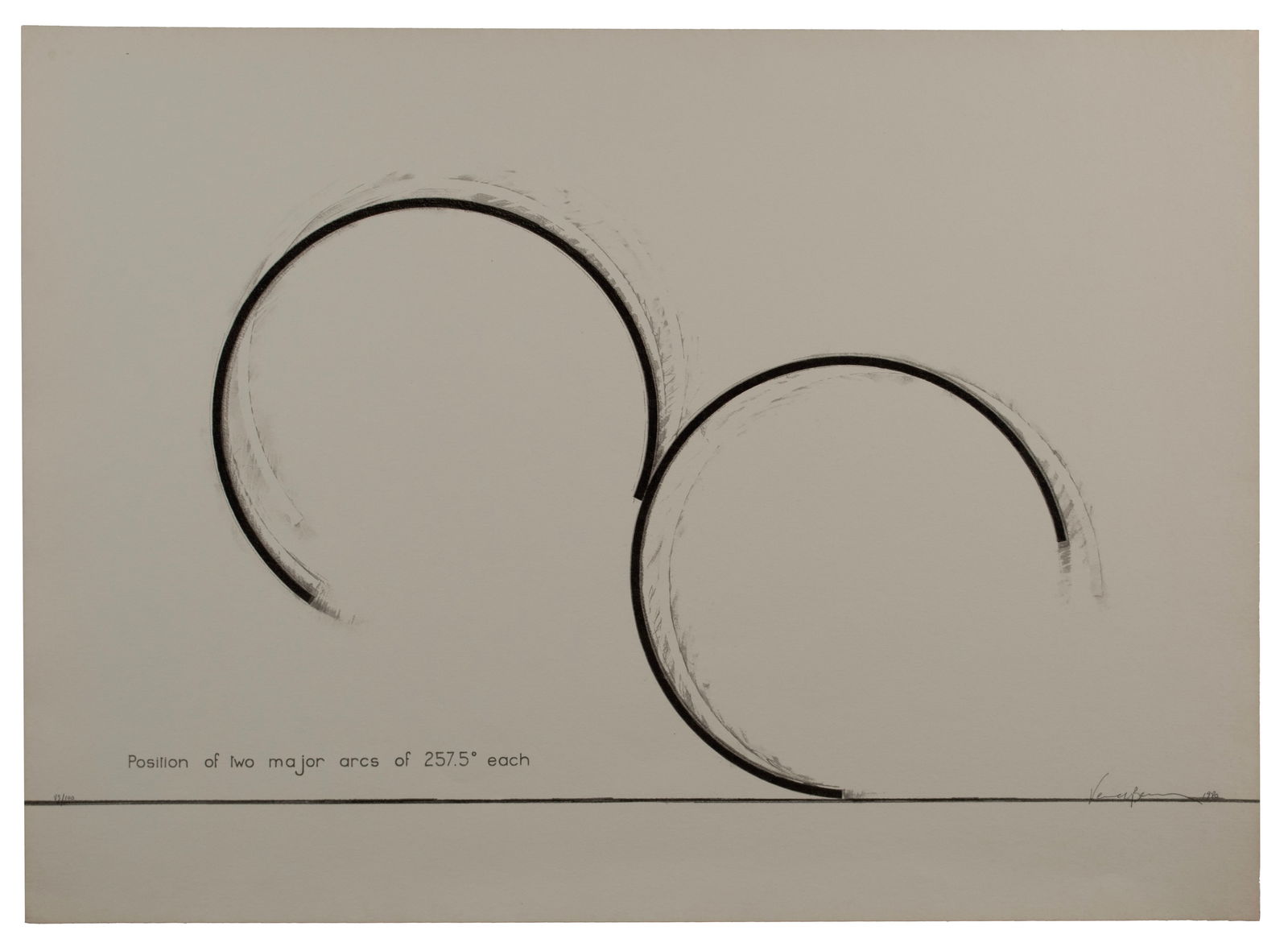 BERNAR VENET (FRENCH, B. 1941): Bernar VenetFrench, b. 1941Position of Two Major Arcs of 257.5 Degrees EachScreenprintSigned and dated 1980 in pencil lower right, numbered 83/100 lower left. Unframed.30 x 41 1/2 in. (76.2 x 105.4 c