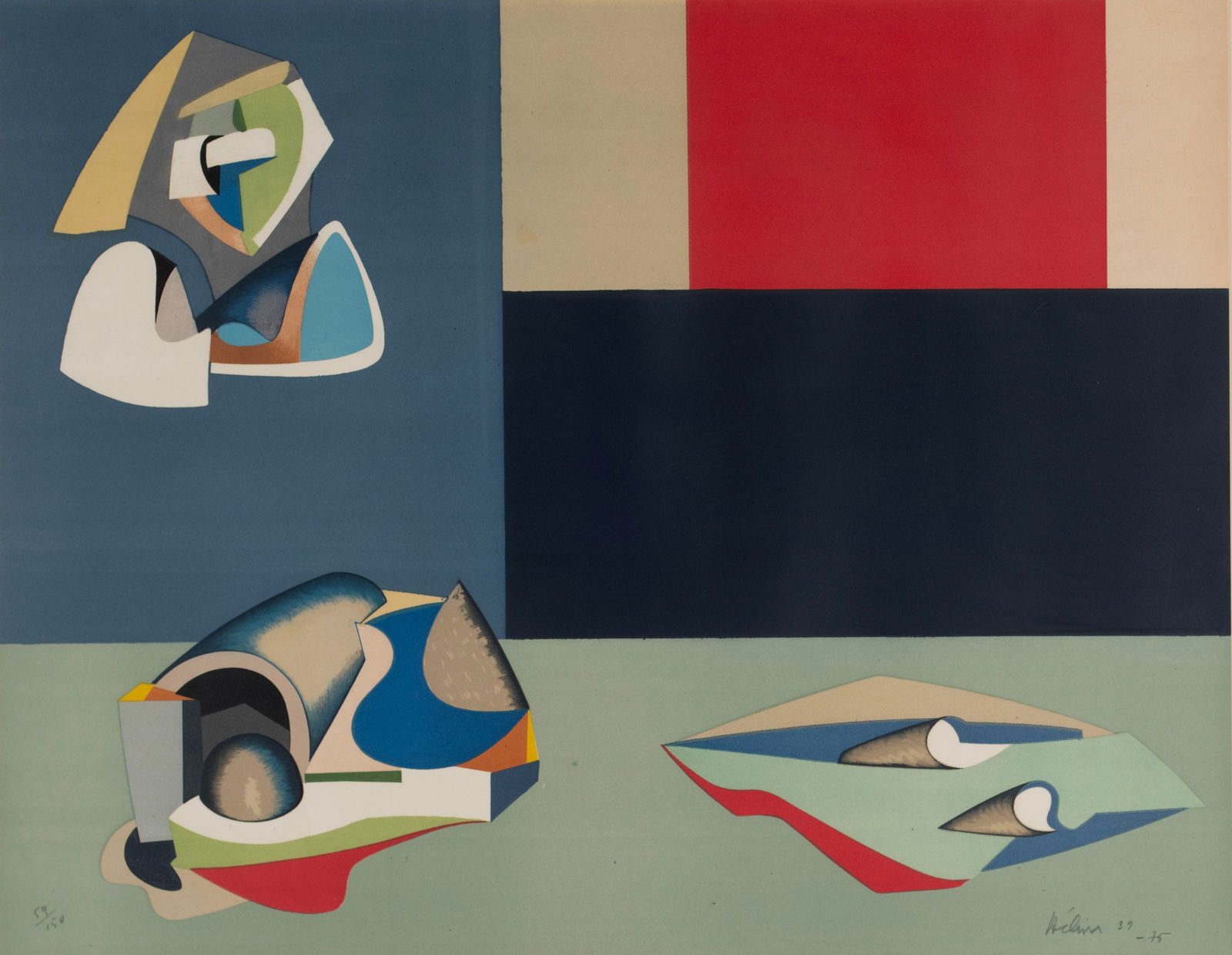 JEAN HELION (FRENCH, 1904-1987): Jean HelionFrench, 1904-1987Composition DramatiqueLithographSigned and dated lower right, numbered 59/150 lower left. Matted and framed.26 1/2 x 33 in. (67.3 x 83.8 cm.), Frame: 33 x 40 1/2 in. (83.8