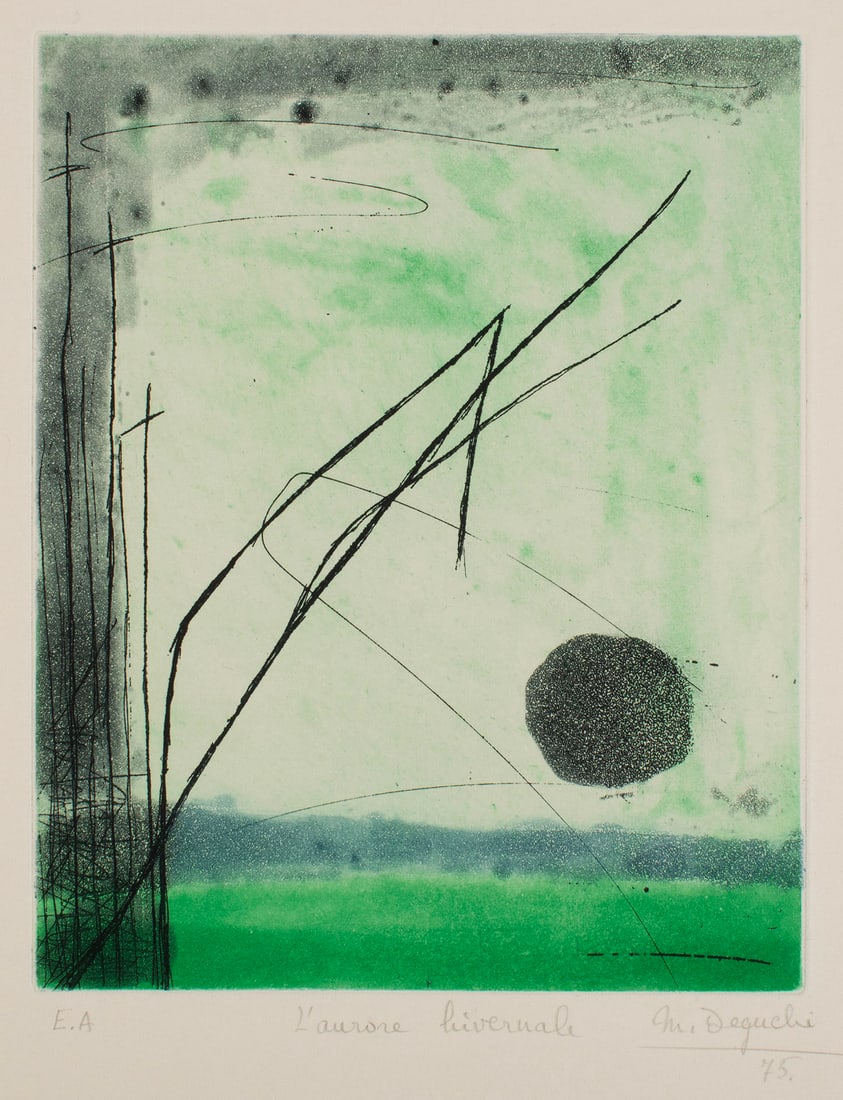 MICHIYOSHI DEGUCHI (JAPANESE, B. 1955): Michiyoshi Deguchi Japanese, b. 1955 L'aurore hivernale Etching and aquatint Signed and dated 75 in pencil lower right, titled lower center and noted 'EA' lower left. Unframed. Sheet: 22 1/4 x 15 in. 