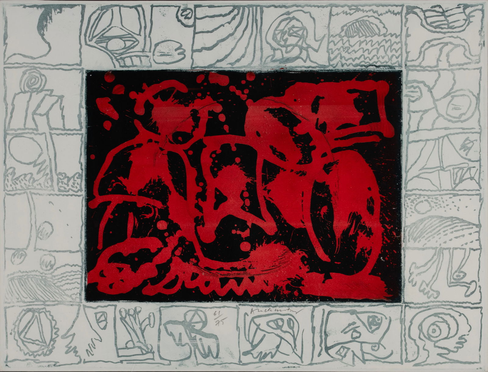 PIERRE ALECHINSKY (BELGIAN, B. 1927): Pierre AlechinskyBelgian, b. 1927Rhesus FactorAquatint etchingSigned in pencil and numbered 61/75 lower center. Framed.21 x 27 1/2 in. (53.3 x 69.9 cm.), Frame: 27 1/2 x 33 1/4 in. (69.9 x 84.5 cm.)