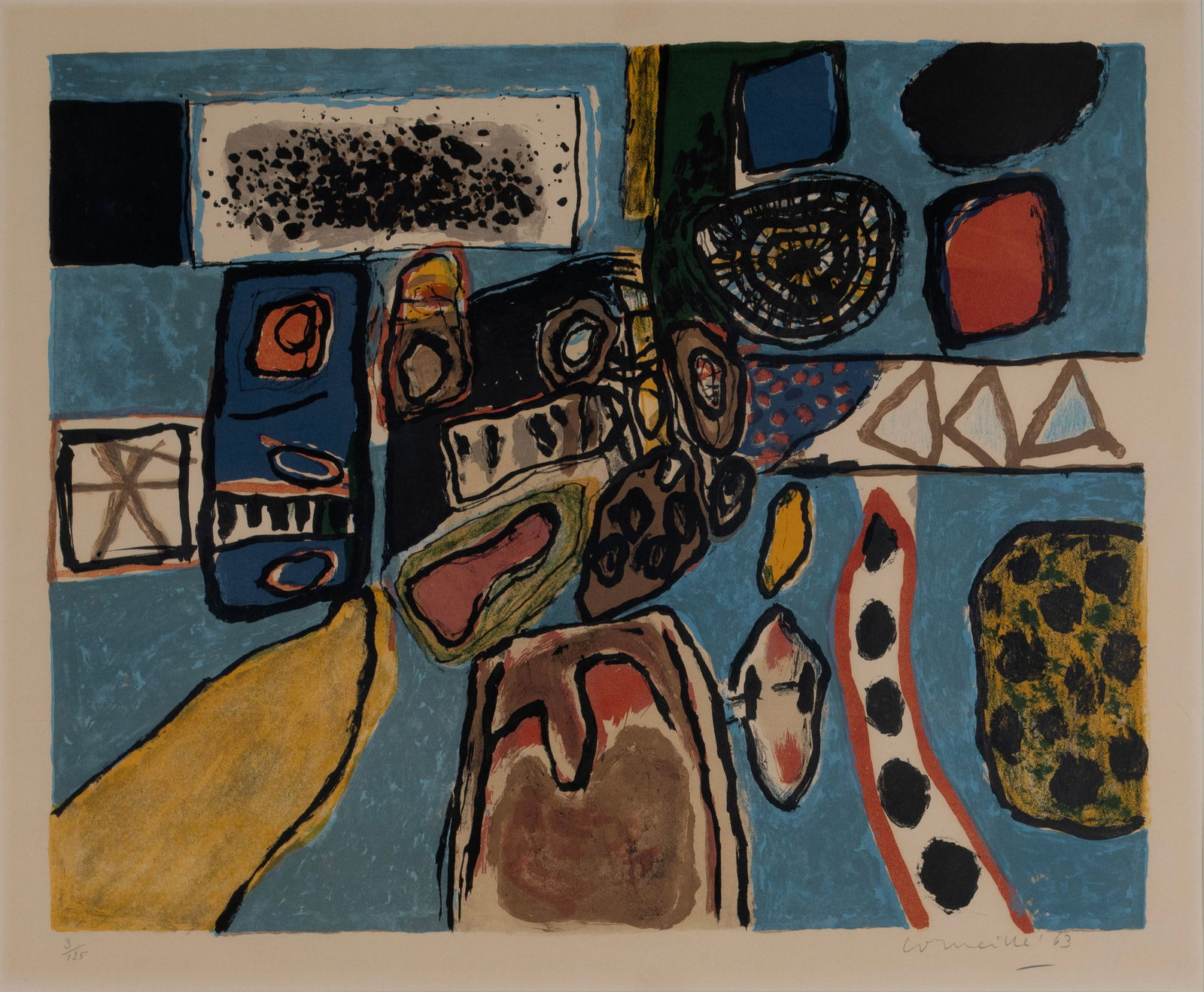 GUILLAUME CORNEILLE (DUTCH, 1922-2010): Guillaume CorneilleDutch, 1922-2010LithographSigned and dated 63 lower right, numbered 3/125 with partial visible stamp lower left. Matted and framed.19 x 23 in. (48.3 x 58.4 cm.), Frame: 26 1/2 x 33