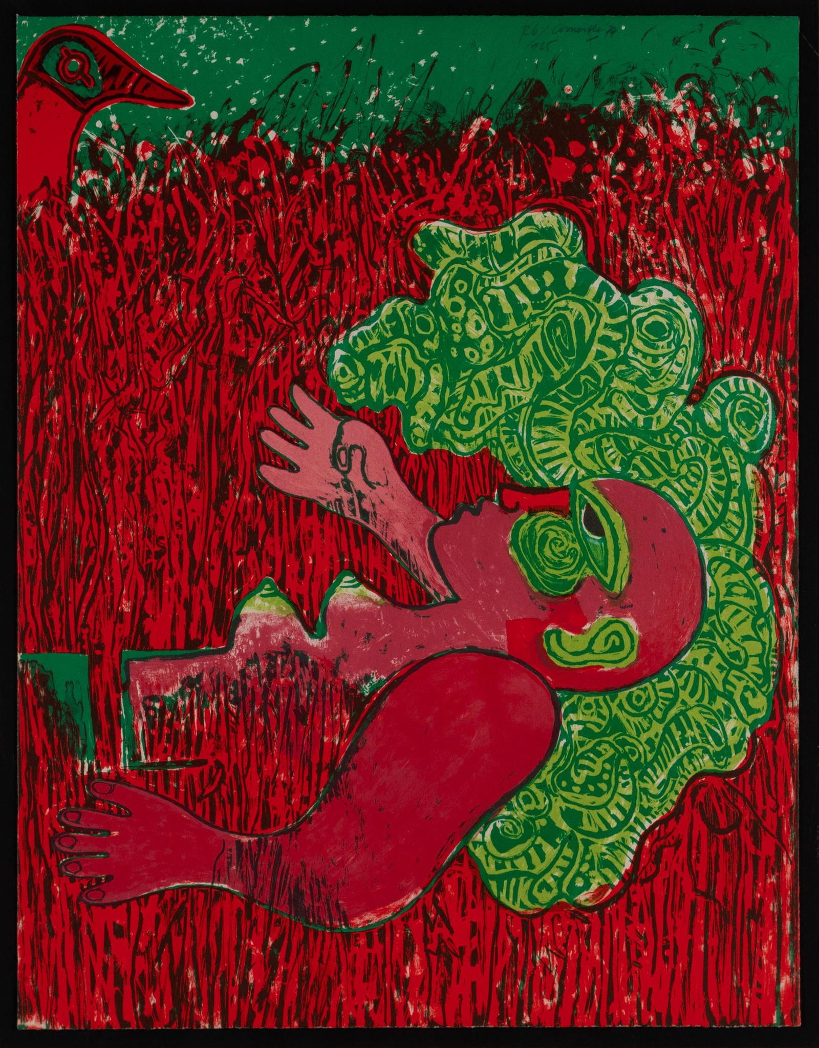 GUILLAUME CORNEILLE (DUTCH, 1922-2010): Guillaume CorneilleDutch, 1922-2010Dans l'infinie verticalite de l'herbe la femmeLithographSigned and dated 77, numbered 26/725, upper center. Matted and framed.25 1/2 x 19 1/2 in. (64.8 x 49.5 cm.),