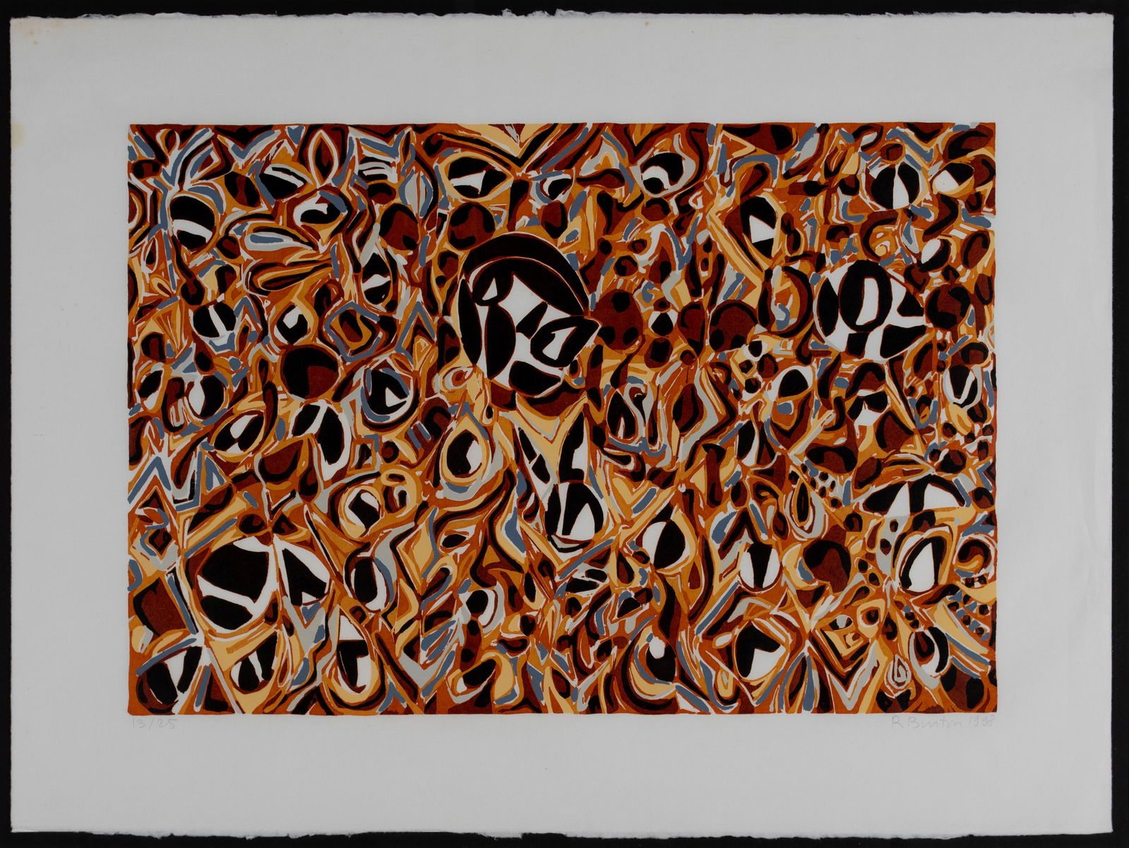 RICHMOND BURTON (AMERICAN, B. 1960): Richmond BurtonAmerican, b. 1960Frequent Flyerreduction woodcutSigned and dated 1998 lower right and numbered 13/25 lower left. Matted and framed. Lot also includes book on the artist.23 1/2 x 31 in.