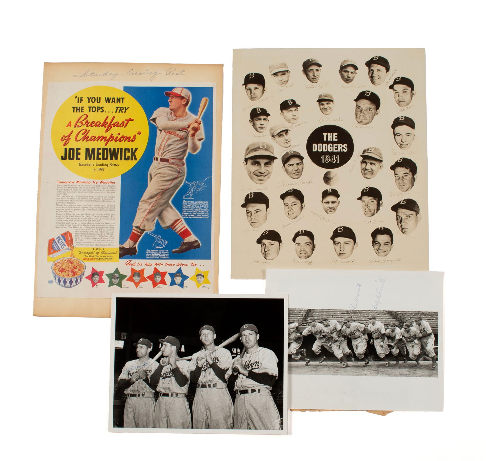 THREE 1941 BROOKLYN DODGERS' PHOTOGRAPHS WITH JOE MEDWICK AND DOLPH CAMILLI SIGNATURES WITH WHEATIES: THREE 1941 BROOKLYN DODGERS' PHOTOGRAPHS WITH JOE MEDWICK AND DOLPH CAMILLI SIGNATURES WITH WHEATIES AD SHOWING MEDWICKOne photograph comes with New York Bureau news credit line dated 9/30/41 showing