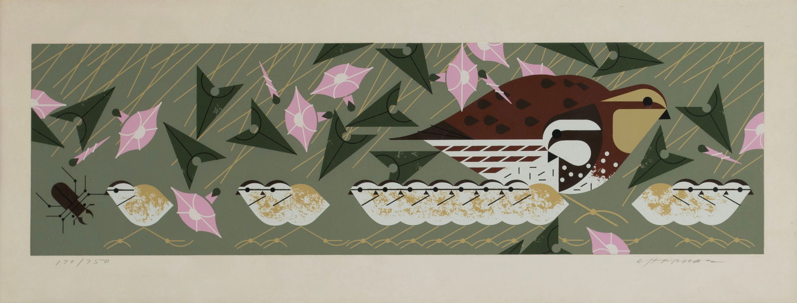 CHARLEY HARPER (AMERICAN, 1922-2007): Charley HarperAmerican, 1922-2007Bobwhite FamilySerigraphPencil signed and numbered 170/750 in lower margin. Matted and framed.Image: 6 1/4 x 21.8 in. (15.9 x 55.4 cm.), Frame: 10.8 x 26.2 in. (27.4
