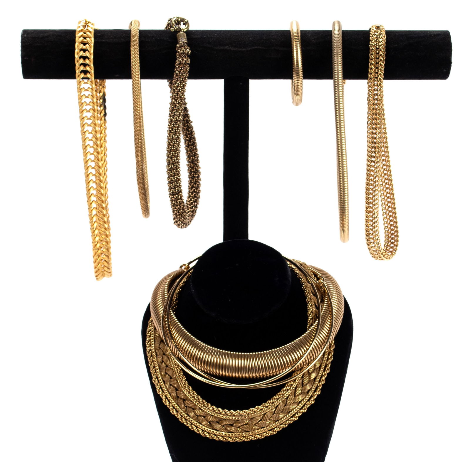 DESIGNER COSTUME STATEMENT NECKLACES: DESIGNER COSTUME STATEMENT NECKLACESTen (10) pieces total including a Pierre Lorion Sylvia Karels braided necklace, Ermani Bulatti tubogas art deco collar necklace, Givenchy braided necklace with Bloo