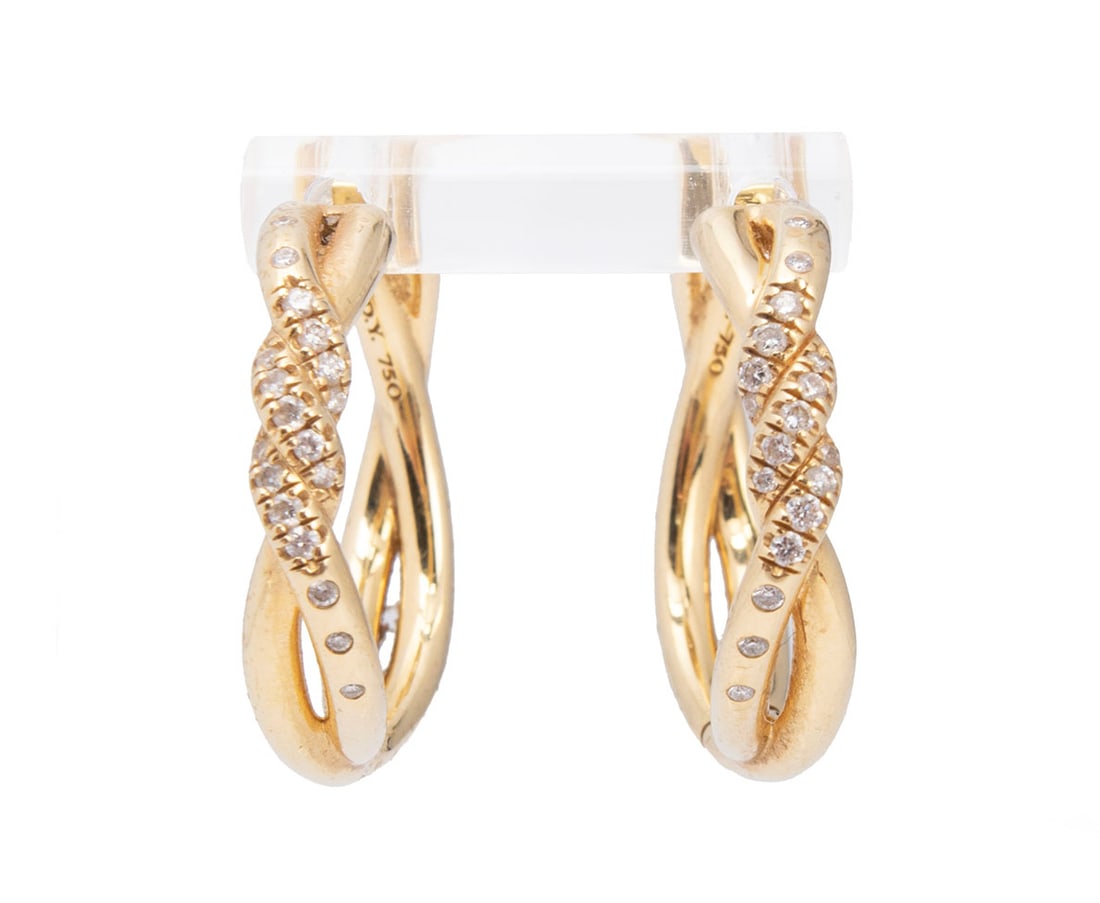 DAVID YURMAN GOLD & DIAMOND HOOPS: DAVID YURMAN GOLD & DIAMOND HOOPSA pair of 18k gold hoops with interlaced design adorned with pave diamonds, hallmarked.Each (approx.): 3/4 in. (1.9 cm.); 9 grams