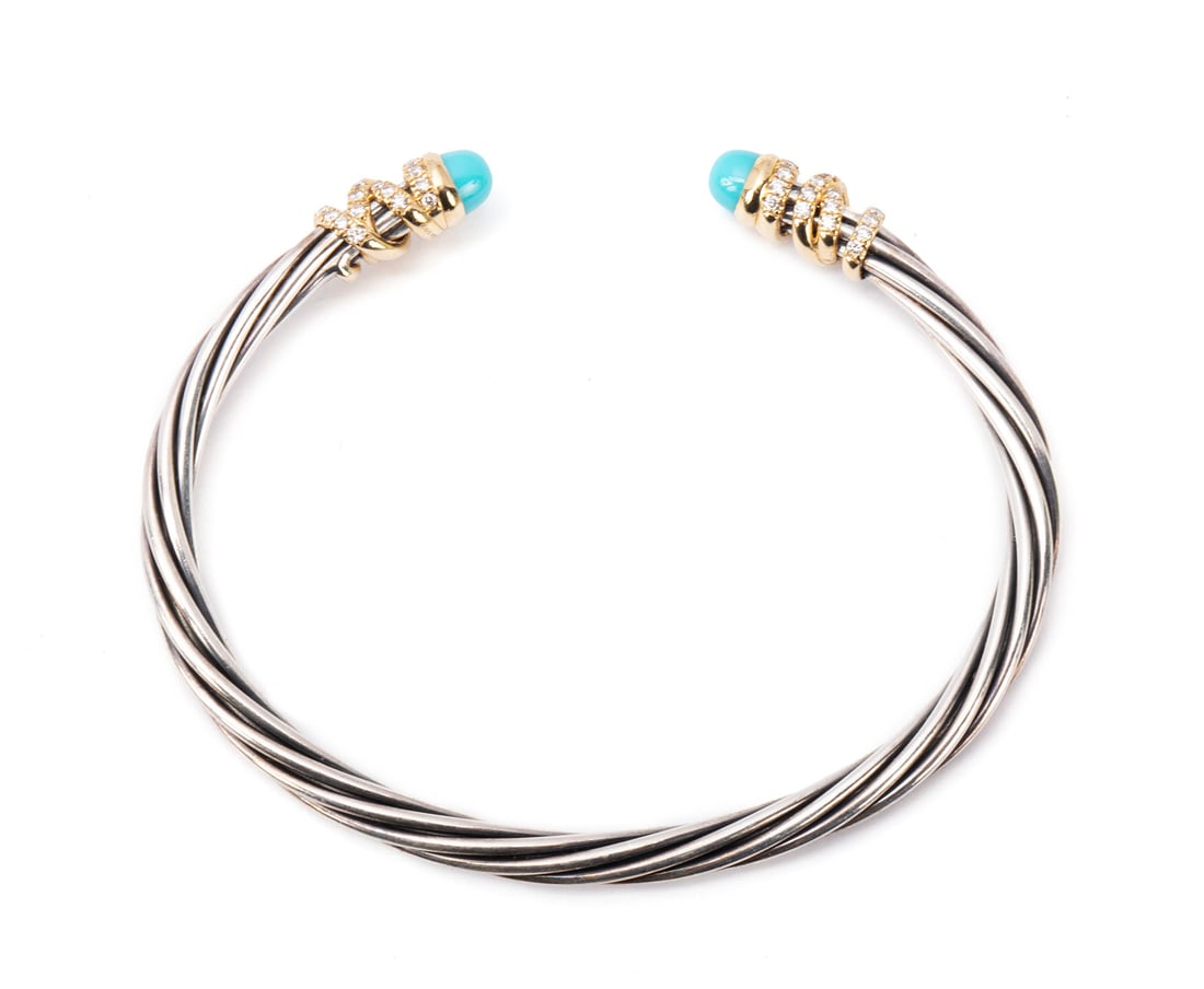 DAVID YURMAN 'HELENA' STERLING, GOLD, DIAMOND & TURQUOISE CUFF (1 of 9)