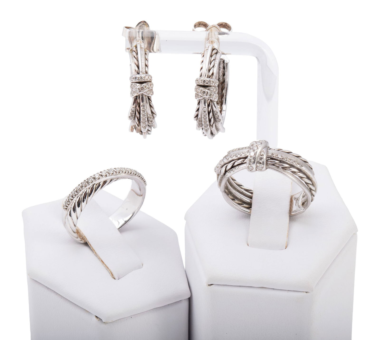 DAVID YURMAN STERLING & DIAMOND HOOP EARRINGS AND RINGS: DAVID YURMAN STERLING & DIAMOND HOOP EARRINGS AND RINGS Sterling silver "Angelika" sterling silver hoop earrings with diamonds accompanied by matching "Angelika" ring. Additional diamond set band
