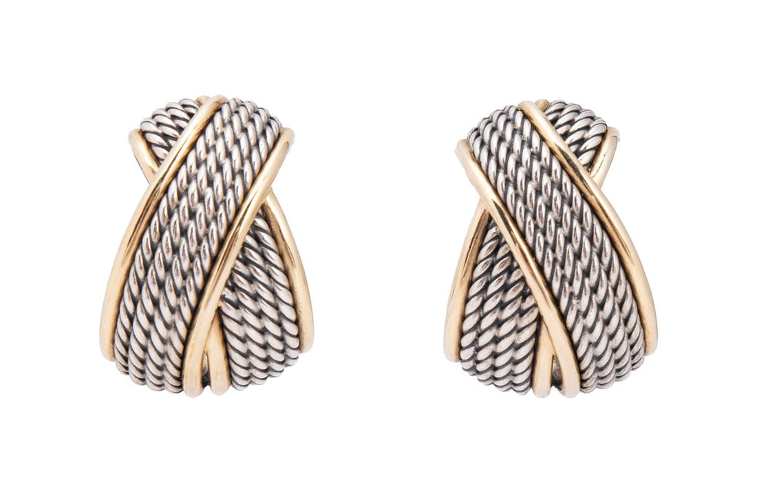 DAVID YURMAN ORIGAMI CROSSOVER SHRIMP EARRINGS: DAVID YURMAN ORIGAMI CROSSOVER SHRIMP EARRINGS A pair of sterling silver and 18k yellow gold crossover post earrings, hallmarked to interior of hinge-back as well as post. Each (approx.): 1 in. (2.5