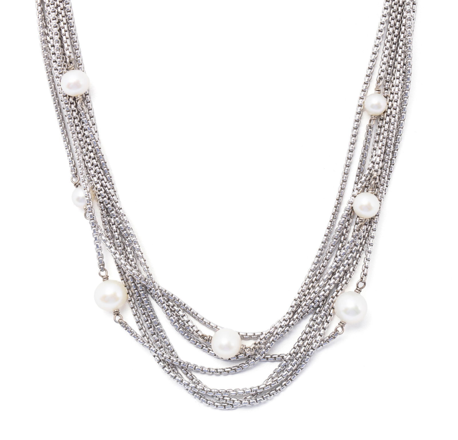 DAVID YURMAN MULTI-STRAND STERLING AND PEARL NECKLACE: DAVID YURMAN MULTI-STRAND STERLING AND PEARL NECKLACE A sterling silver eight-strand sterling box chain necklace with seven (7) pearls, hallmarked to hinged hook clasp. Length: 16 1/2 in. (41.9 cm.);