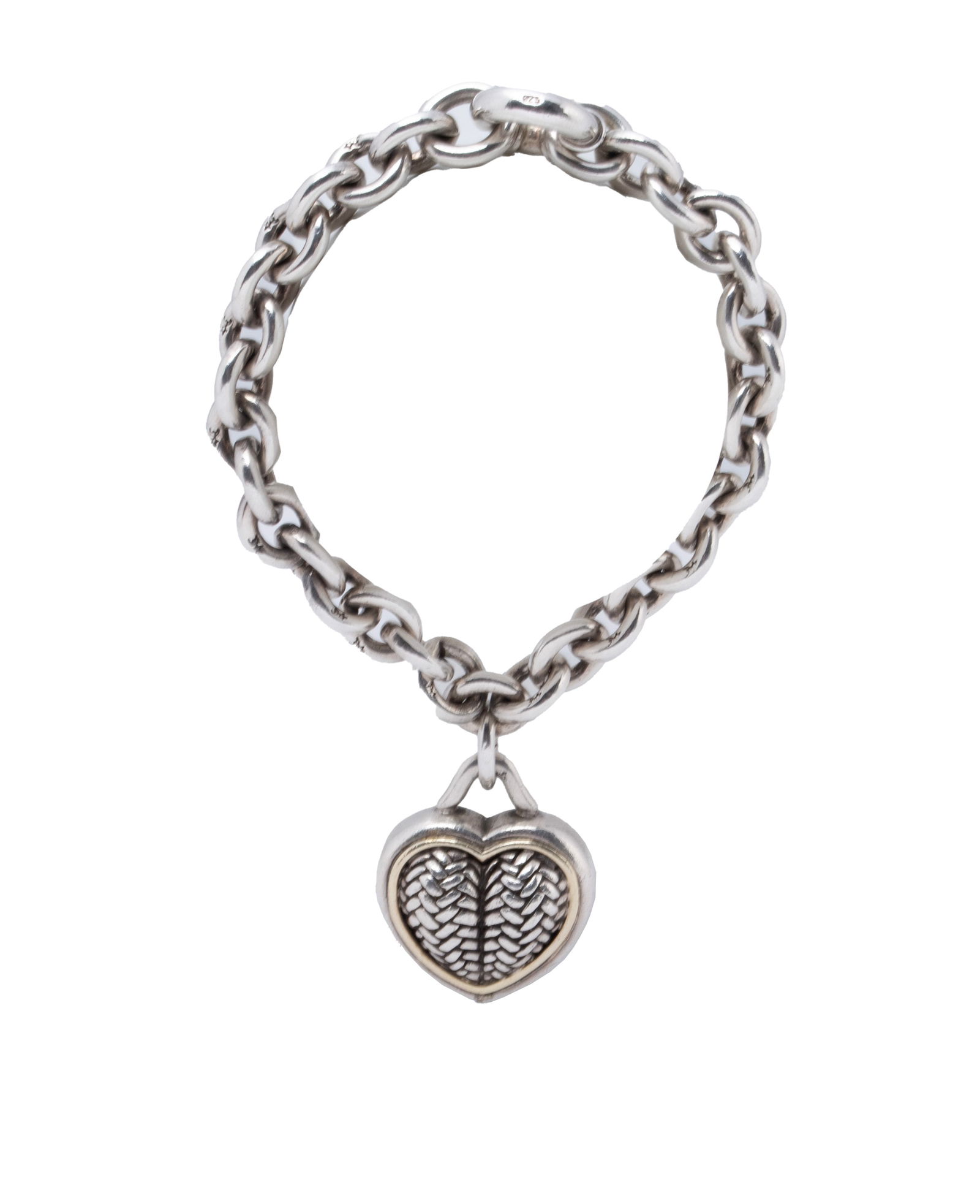 BARRY KIESELSTEIN-CORD STERLING HEART BRACELET: BARRY KIESELSTEIN-CORD STERLING HEART BRACELETA sterling silver link bracelet with heart pendant. Hallmarked and dated 1996.Length: 7 3/4 in. (19.7 cm.); 69 grams