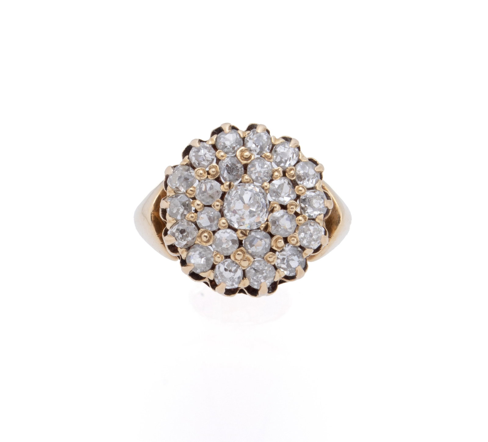 DIAMOND CLUSTER GOLD RING: DIAMOND CLUSTER GOLD RING A 14k yellow gold cluster ring with twenty-three (23) mine cut diamonds approx. 1.35 ctw. Size 5.75; 5.7 grams
