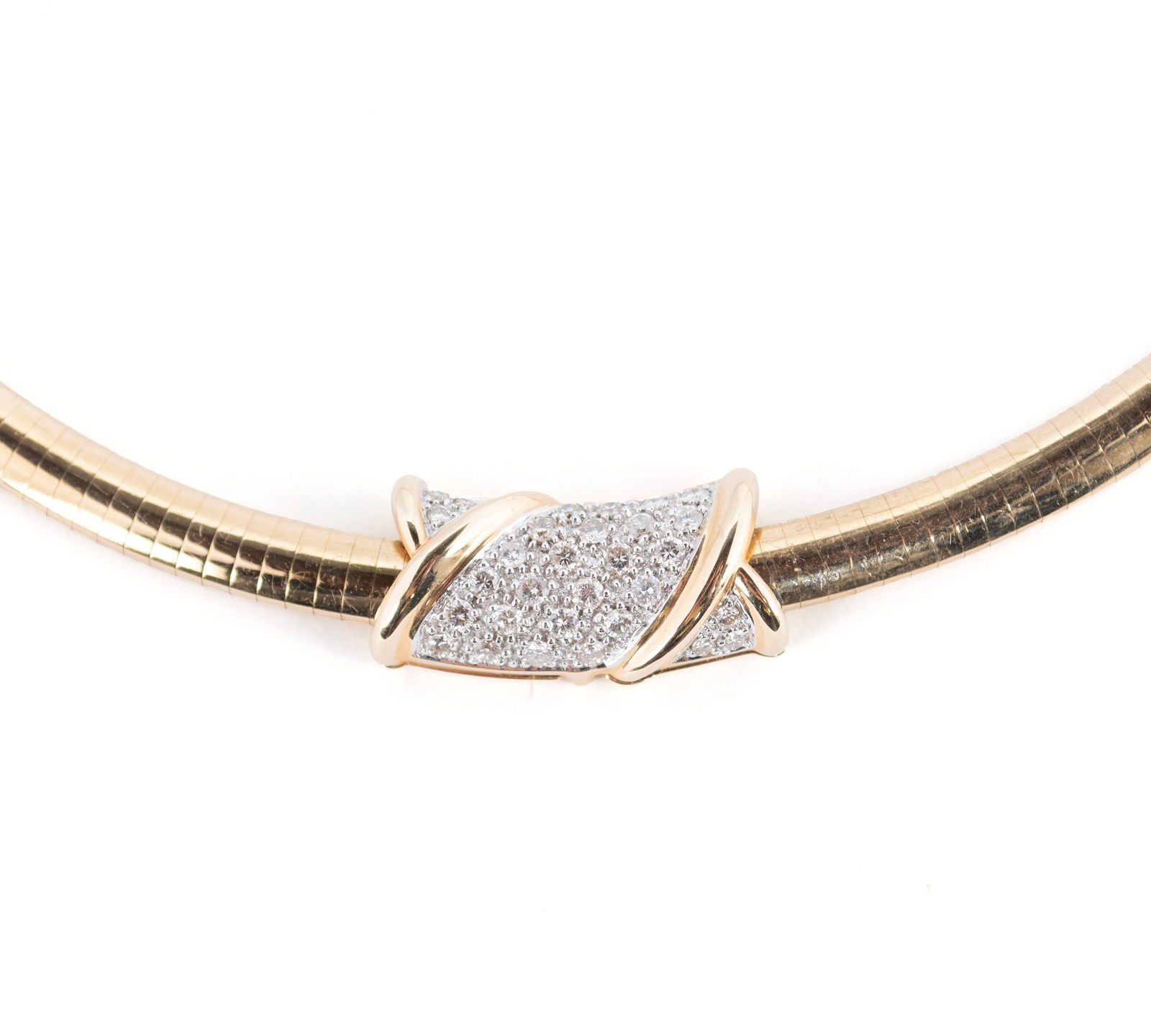 YELLOW GOLD DIAMOND SLIDE PENDANT NECKLACE: YELLOW GOLD DIAMOND SLIDE PENDANT NECKLACE A 14k yellow gold omega necklace with a 14k yellow gold slide pendant set with thirty (30) round brilliant cut diamonds weighing approximately 1.00ctw.