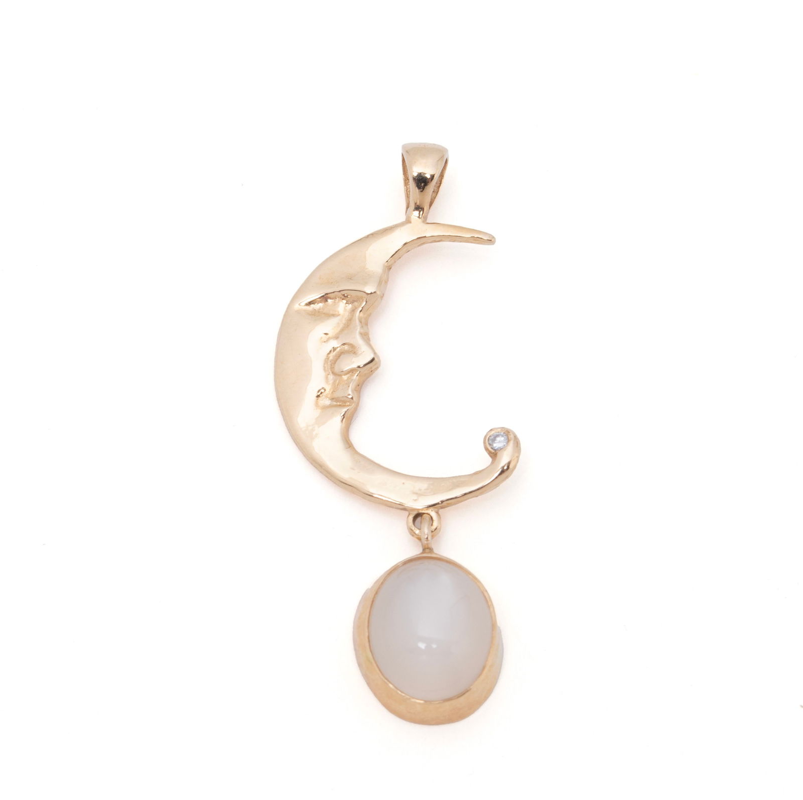 MOONSTONE GOLD PENDANT: MOONSTONE GOLD PENDANT A 14k yellow gold "Man in the Moon" pendant dangling one (1) bezel set oval moonstone measuring 12mm x 9mm. 1 3/4 in. (4.4 cm.); 5 grams