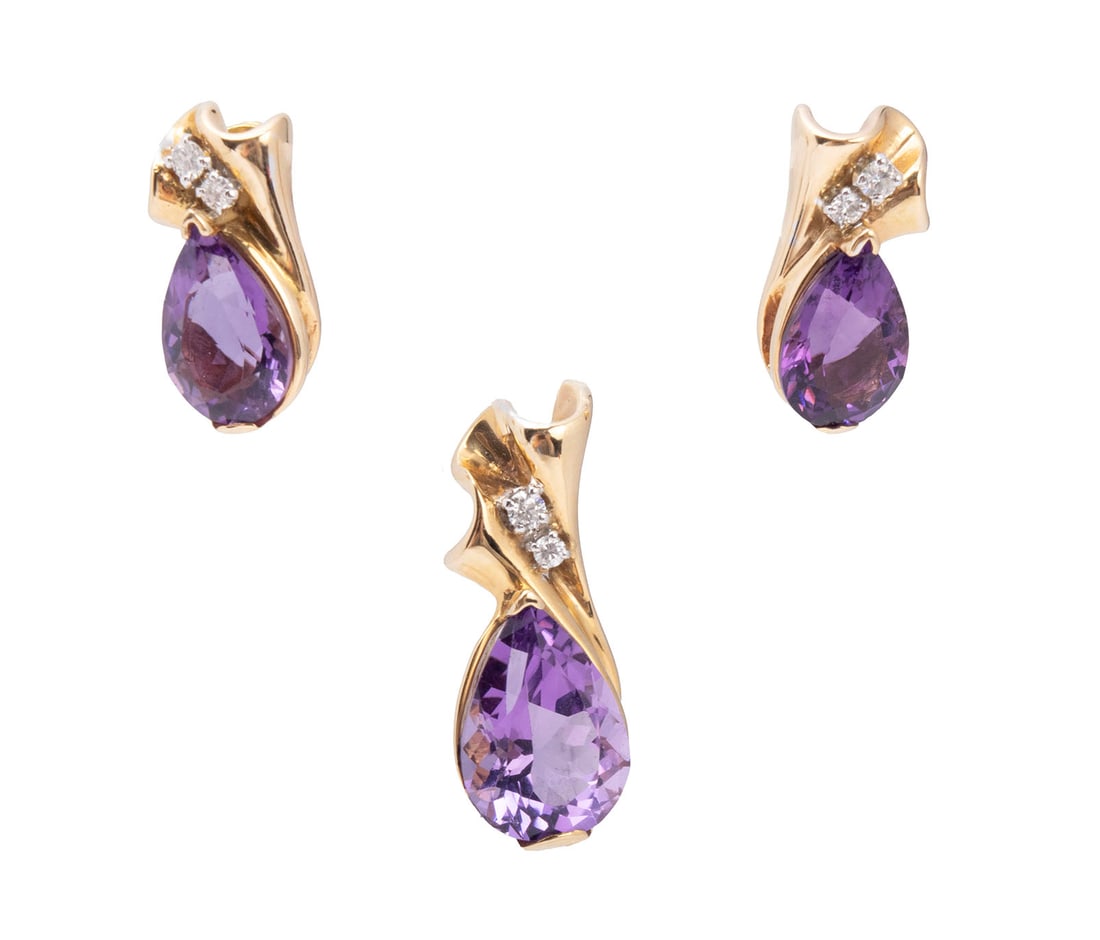AMETHYST DIAMOND GOLD PENDANT AND EARRINGS: AMETHYST DIAMOND GOLD PENDANT AND EARRINGS A 14k yellow gold pendant with pear cut amethyst measuring 14.5mm x 10mm and two (2) round diamonds with matching pair of earrings set with two (2) pear cut