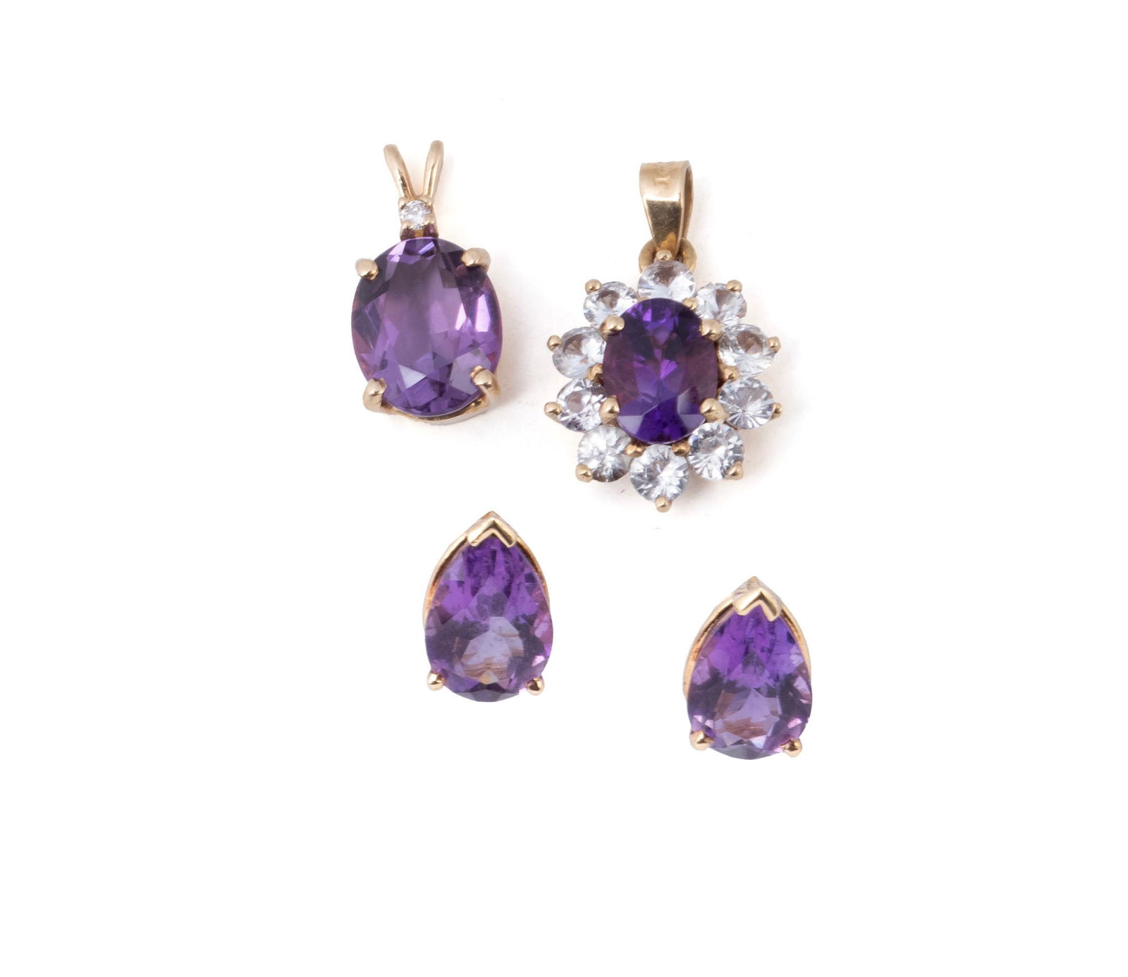 PAIR OF AMYTHYST EARRINGS WITH TWO PENDANTS: PAIR OF AMYTHYST EARRINGS WITH TWO PENDANTS A 14k yellow gold pendant set with one (1) oval faceted amethyst measuring 10mm x 8mm and one (1) round melee diamond. A 14k yellow gold pierced earrings