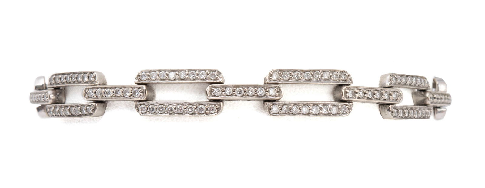 WHITE GOLD DIAMOND CHAIN LINK BRACELET: WHITE GOLD DIAMOND CHAIN LINK BRACELET A 14k white gold link bracelet set with one-hundred seventeen (117) round brilliant cut diamonds weighing approximately 1.75ctw. 7 1/4 in. (18.4 cm.); 13 grams