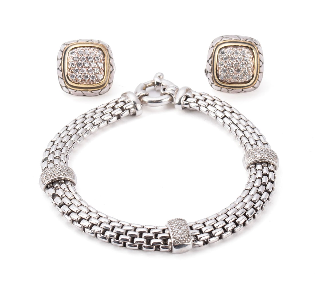 GABRIELLE BRUNI STERLING DIAMOND BRACELET WITH EARRINGS: GABRIELLE BRUNI STERLING DIAMOND BRACELET WITH EARRINGSA sterling silver chain bracelet with three (3) diamond set links by Gabrielle Bruni, Italy. Bracelet is accompanied by pierced earrings with cli
