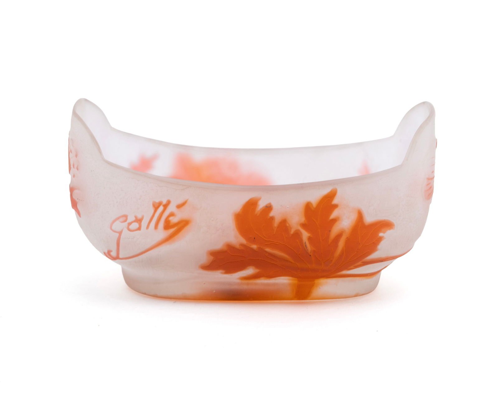 GALLE DIMINUTIVE CAMEO GLASS BOWL: GALLE DIMINUTIVE CAMEO GLASS BOWLFrench, 1908-1920. Emille Galle acid-etched cameo art glass bowl, etched burnt orange leaves on frosted ground, signed in cameo, Emile Galle/Nancy-Paris paper label un