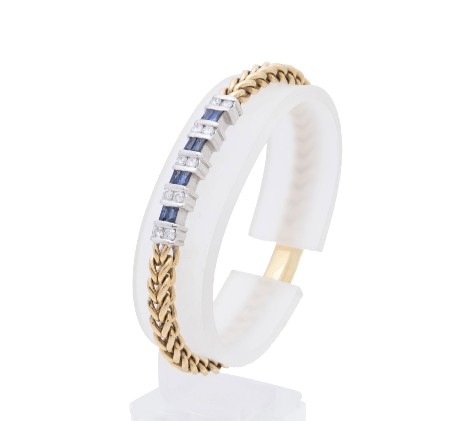 DIAMOND AND SAPPHIRE BRACELET: DIAMOND AND SAPPHIRE BRACELET An 18k yellow gold chain bracelet with white gold center plaque set with ten (10) round brilliant cut diamonds weighing approximately 0.08ctw., with eight (8)