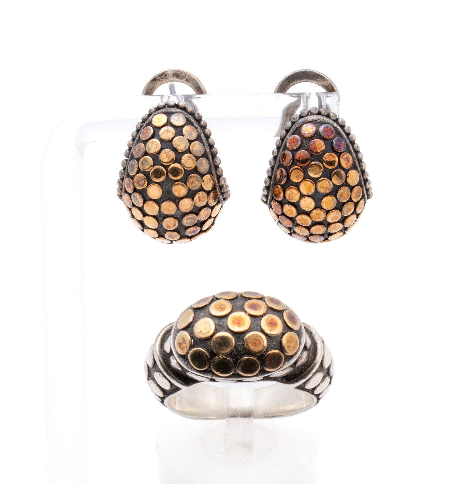 JOHN HARDY EARRINGS WITH MATCHING RING: JOHN HARDY EARRINGS WITH MATCHING RING A sterling silver ring with 18k rose gold "Dot" design. A pair of sterling silver pierced earrings with clip backs with 18k yellow gold "Dot" Design. Original