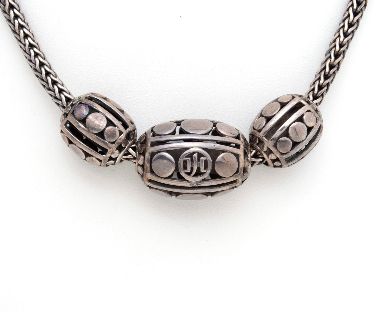 JOHN HARDY STERLING 'DOT' NECKLACE: JOHN HARDY STERLING 'DOT' NECKLACE A sterling silver cable chain with three (3) open dot design beads. Original box. Clasp marked 925. Length: 16 1/2 in. (41.9 cm.)1; 61 grams