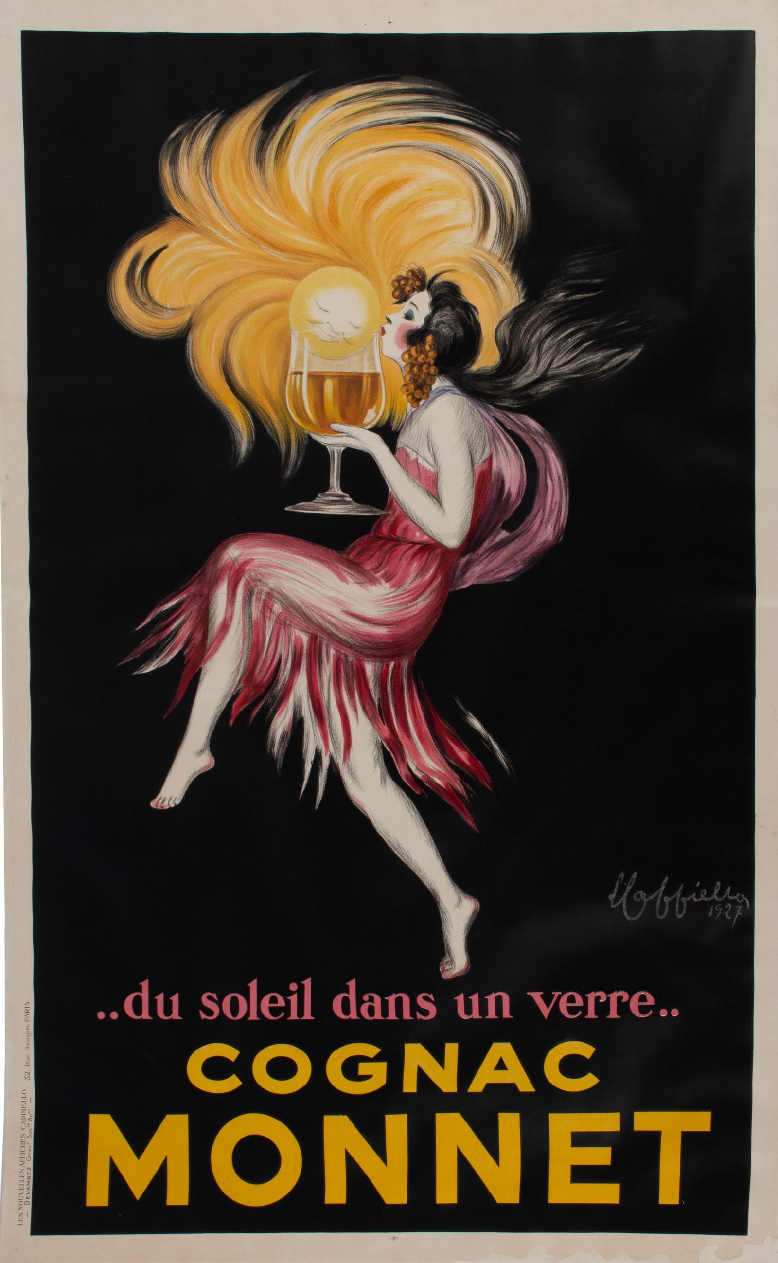LEONETTO CAPPIELLO (FRENCH, 1875-1942) 'COGNAC MONNET' POSTER: LEONETTO CAPPIELLO (FRENCH, 1875-1942) 'COGNAC MONNET' POSTER Paris, circa 1927, lithograph on paper laid on linen. Signed and dated in print lower right, publisher's information to margin lower