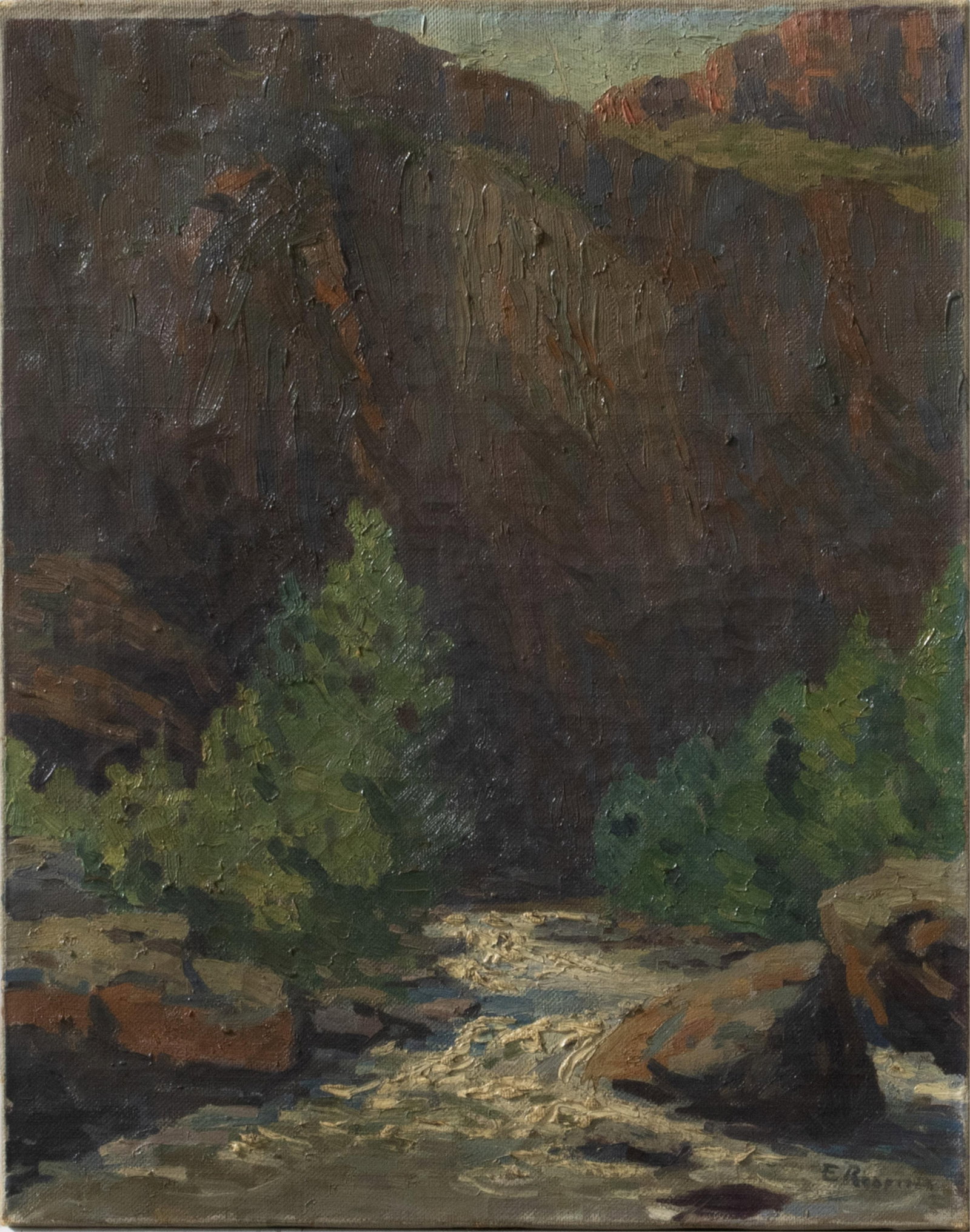 EDWARD WILLIS REDFIELD (AMERICAN, 1869-1965): Edward Willis Redfield American, 1869-1965 Oil on canvas Signed "E Redfield" lower right. Canyon scene with trees around a rocky flowing stream, framed. Edward Redfield was born in Bridgeville,