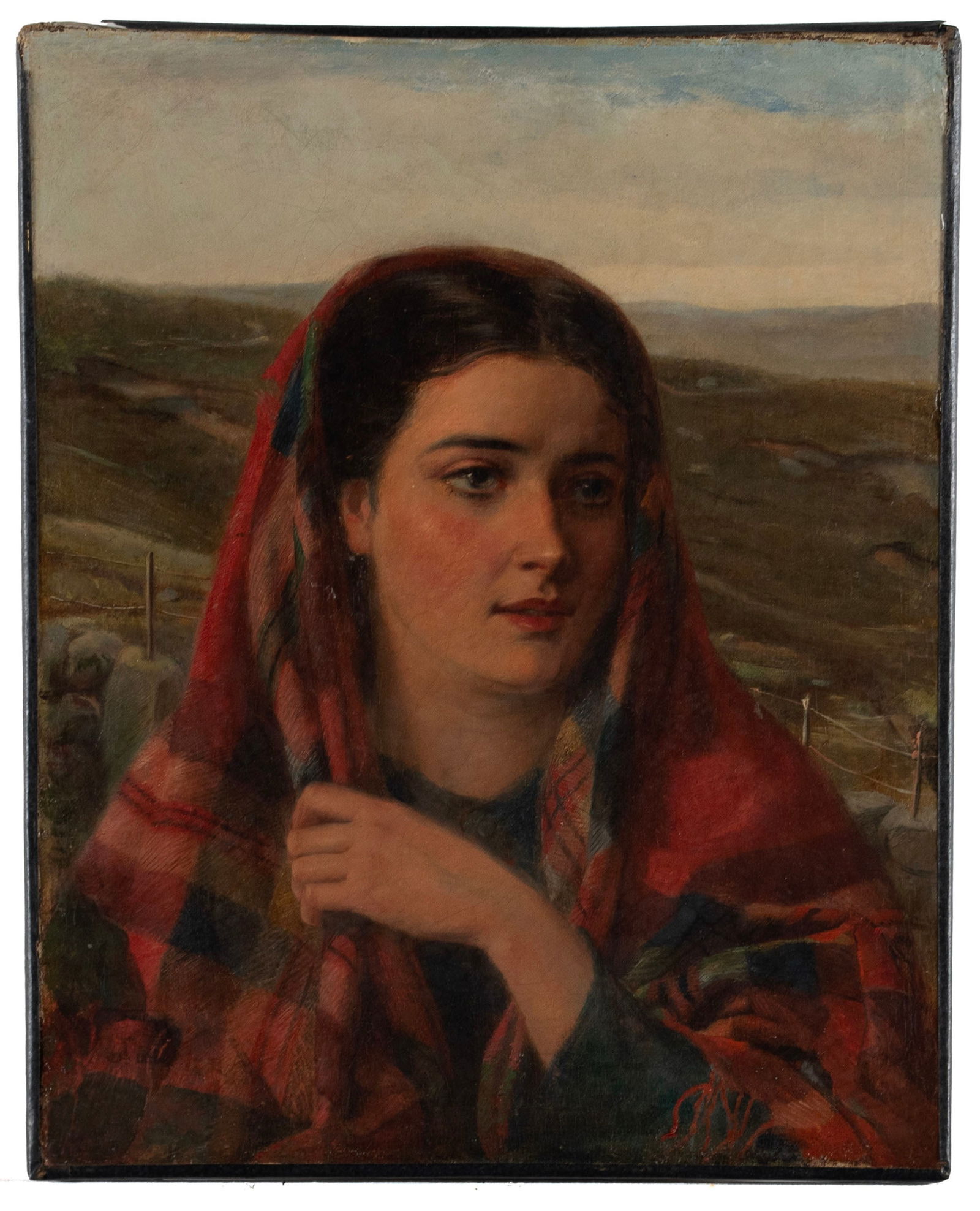 PORTRAIT OF A WOMAN ATTRIBUTED TO JOHN EVERETT MILLAIS (BRITISH, 1829-1896): PORTRAIT OF A WOMAN ATTRIBUTED TO JOHN EVERETT MILLAIS (BRITISH, 1829-1896)19th century, oil on canvas. Portrait of a woman wearing a shawl, standing in a landscape, illegible monogram and date lower