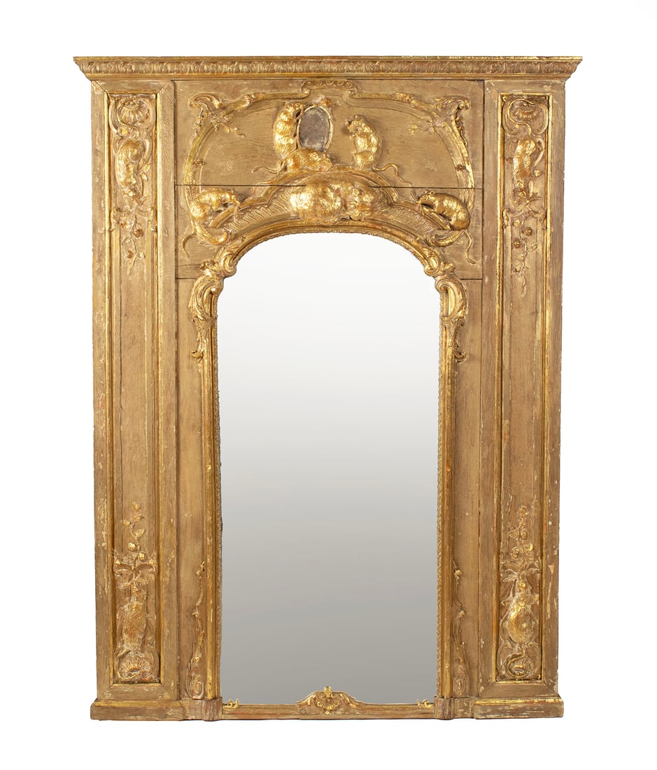 UNIQUE GILTWOOD TRUMEAU MIRROR WITH CAT AND MICE (1 of 10)