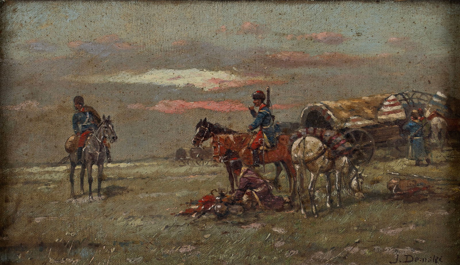 J. DEMSKI (CONTINENTAL, LATE 19TH/EARLY 20TH C.): J. DemskiContinental, Late 19th/early 20th c.Oil on canvasSigned lower right. European battle scene with officers on horseback and wagons in an open field, gilt framed.7 x 12 in. (17.8 x 30.5 cm.), Fr