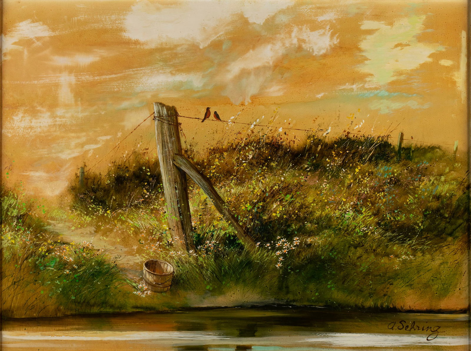 ADOLF SEHRING (AMERICAN, 1930-2015): Adolf SehringAmerican, 1930-2015Oil on boardSigned lower right. Rural scene with birds on a fence post, framed.32 x 41 in. (81.3 x 104.1 cm.), Frame: 38 x 48 in. (96.5 x 121.9 cm.)