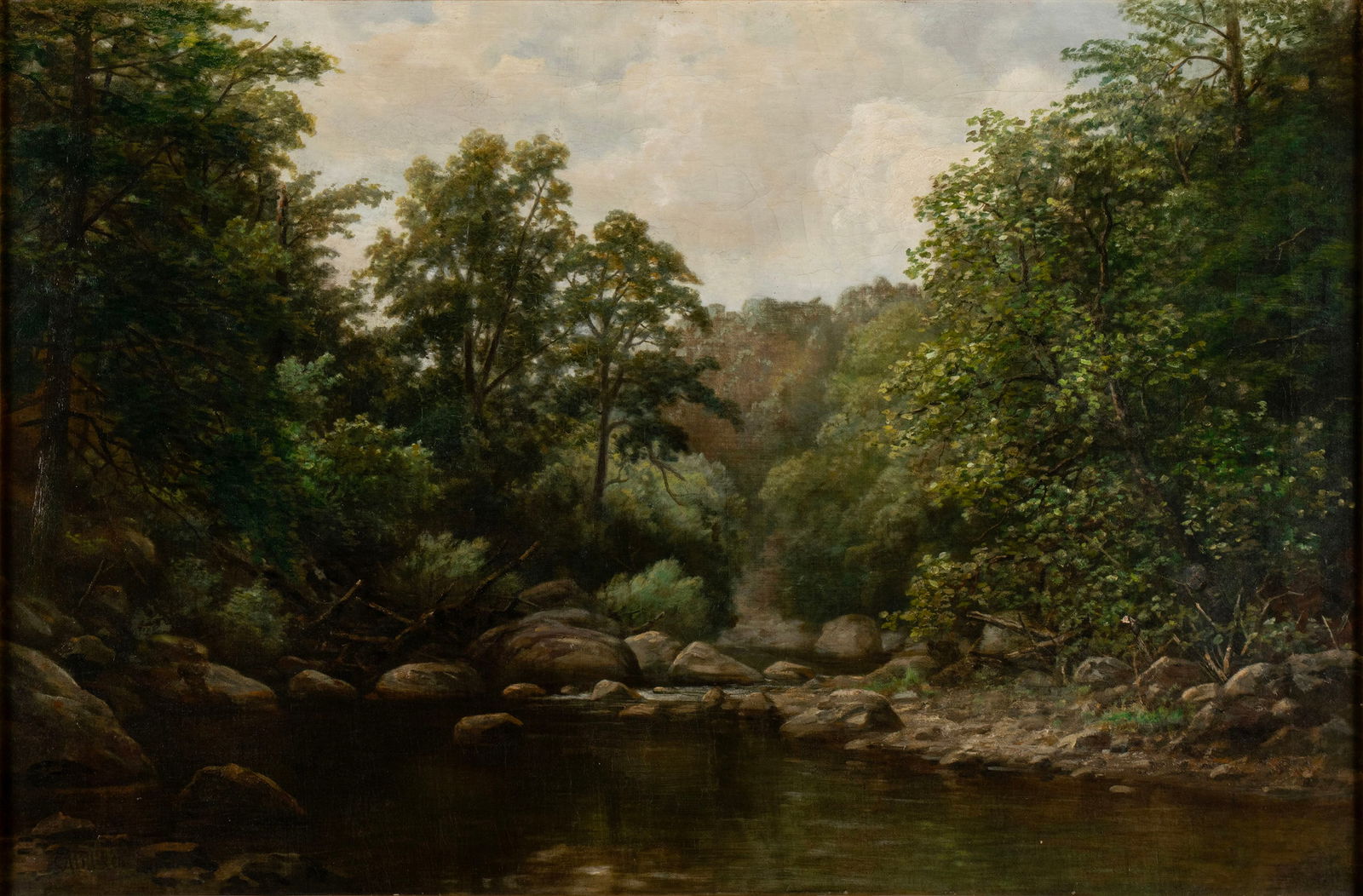 GEORGE MILLIKEN (AMERICAN, 19TH C.): George MillikenAmerican, 19th c.Oil on canvasSigned lower left. Forest landscape, framed.26 x 39 in. (66 x 99.1 cm.), Frame: 30 x 42 1/2 in. (76.2 x 108 cm.) Ex Collection of Northland College, Ashlan
