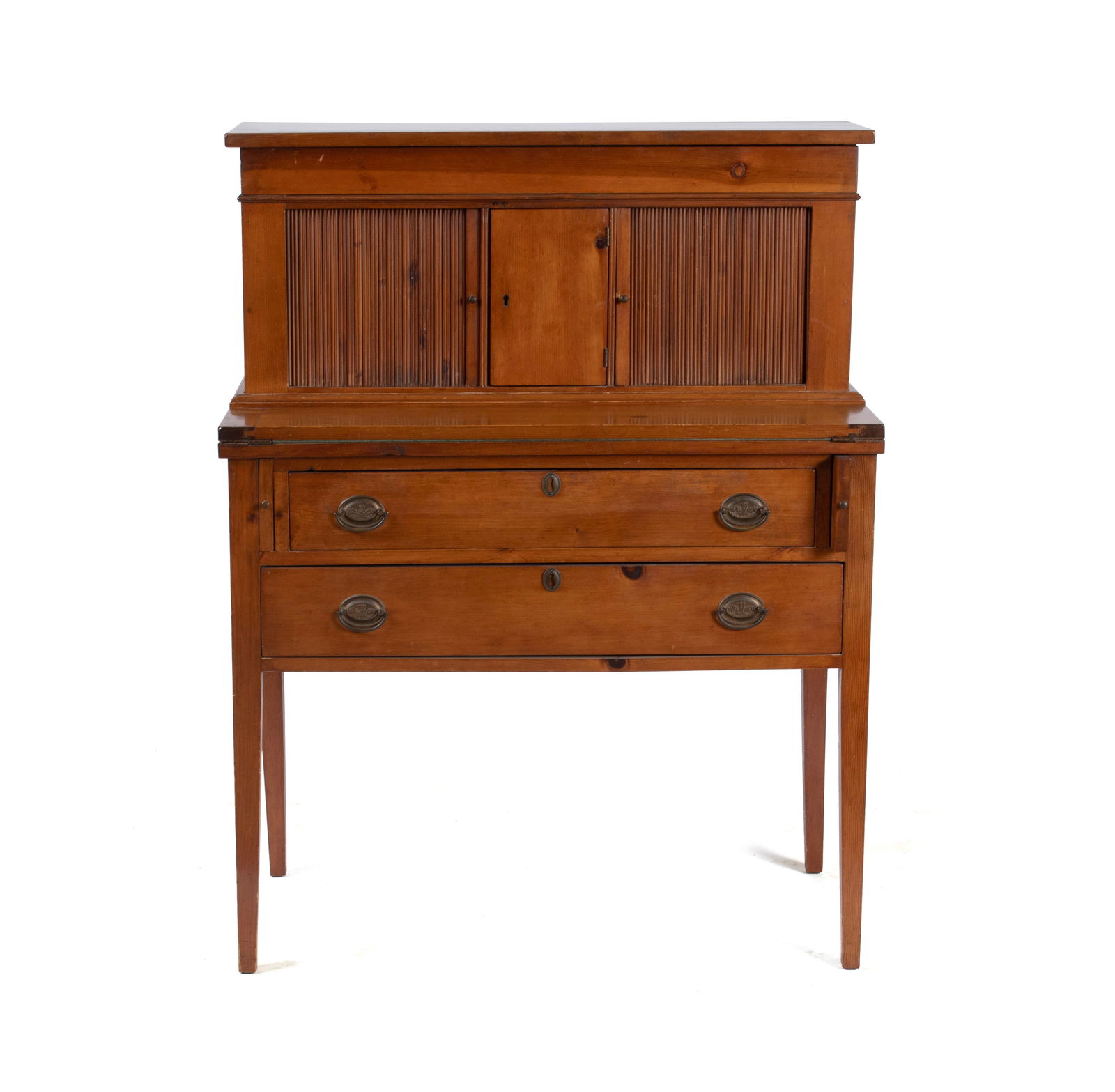 FEDERAL TAMBOUR DESK: FEDERAL TAMBOUR DESK American, 19th century, pine. Top member with central panel door flanked by sliding tambour coverings of the fitted interior of pigeonholes and drawers, above the flip top velvet